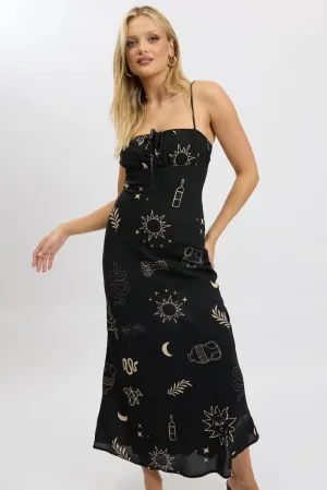 Black Abstract Midi Dress Strappy Trendy casual event dress