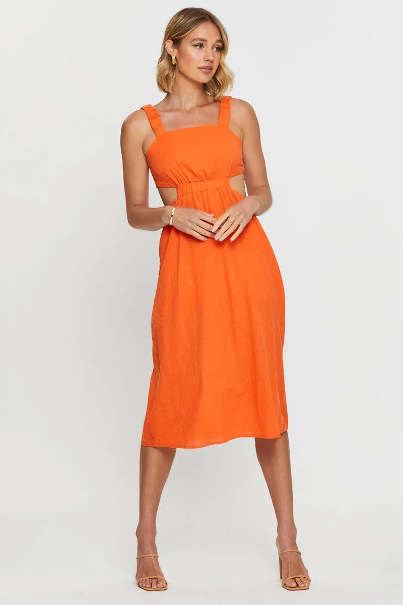 Orange Midi Dress Sleeveless Comfortable Style Light Air