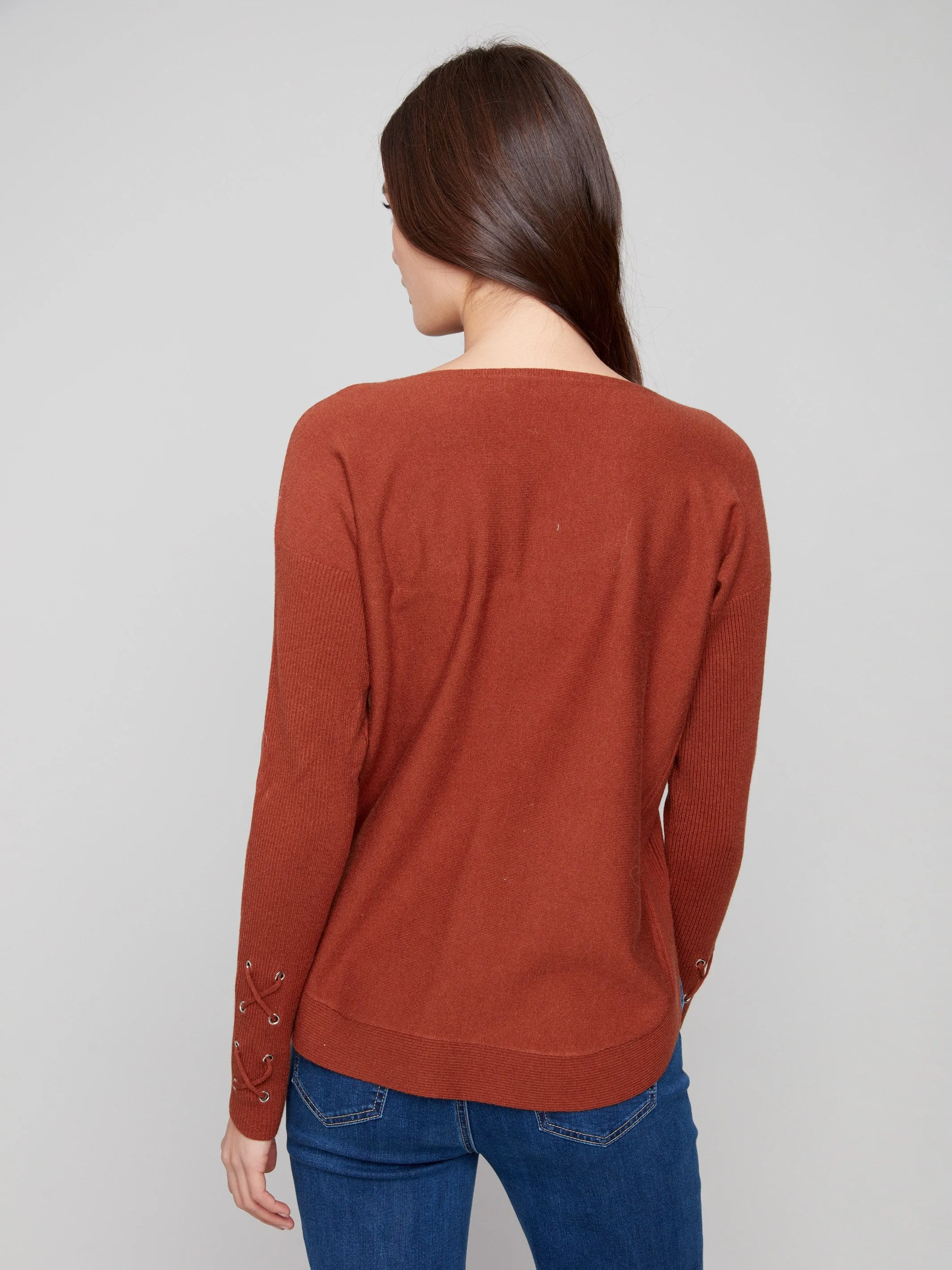 Knit Sweater With Lace-Up Cuffs - Sepia Layering Style
