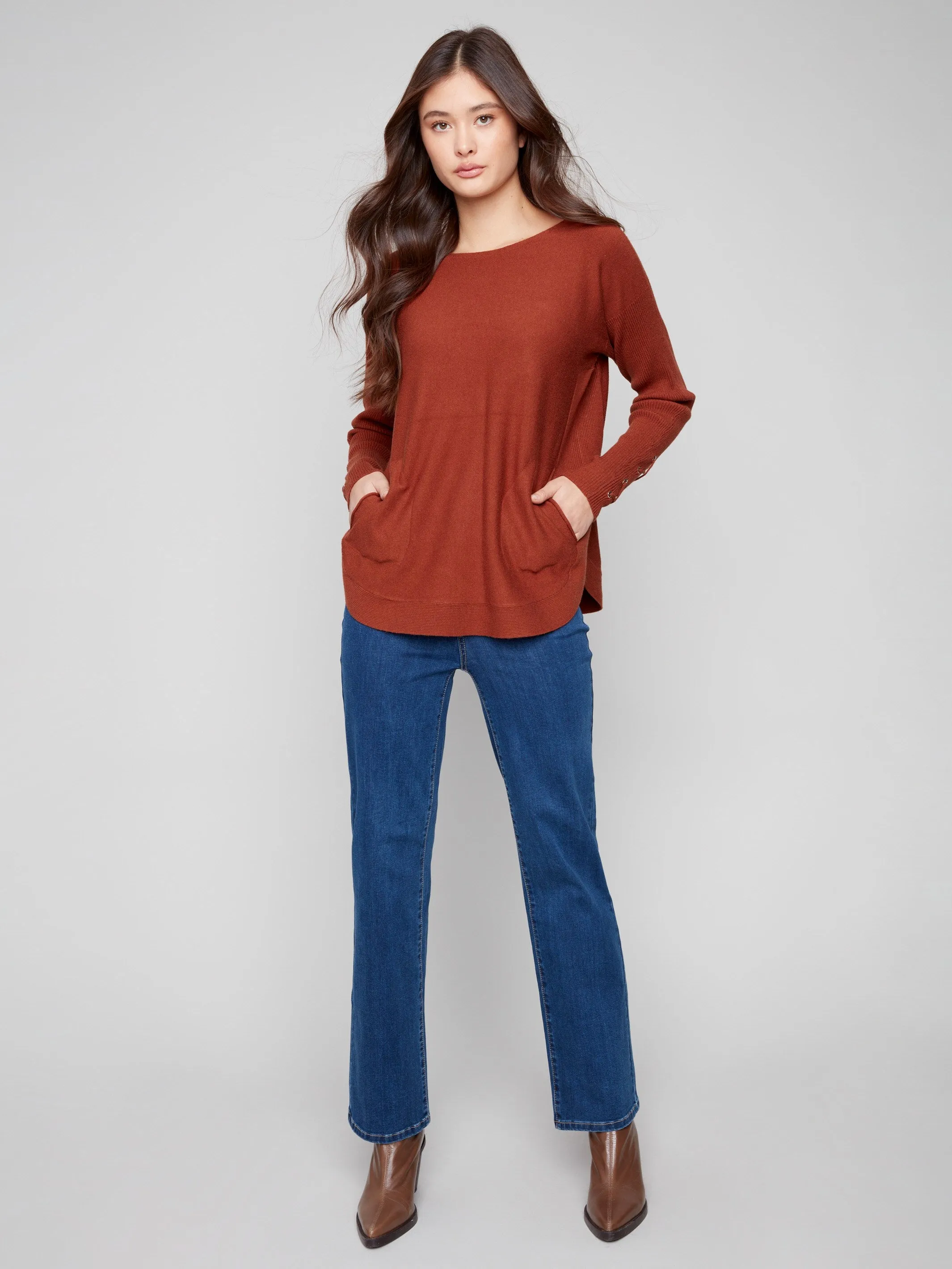 Cozy All-Day Warm Touch Knit Sweater With Lace-Up Cuffs - Sepia