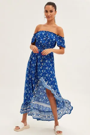 Blue Boho Midi Dress Short Sleeve Ruffle Casual yet dressy midi Sophisticated Touch