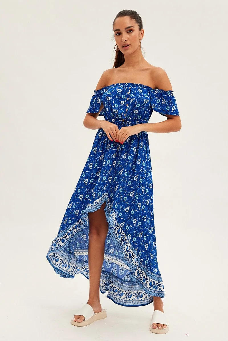 Blue Boho Midi Dress Short Sleeve Ruffle Flower Scent Polished Fashion