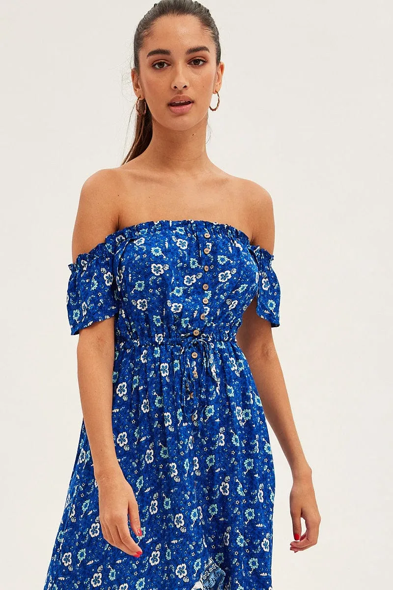 Flower Scent Trendy Wardrobe Blue Boho Midi Dress Short Sleeve Ruffle