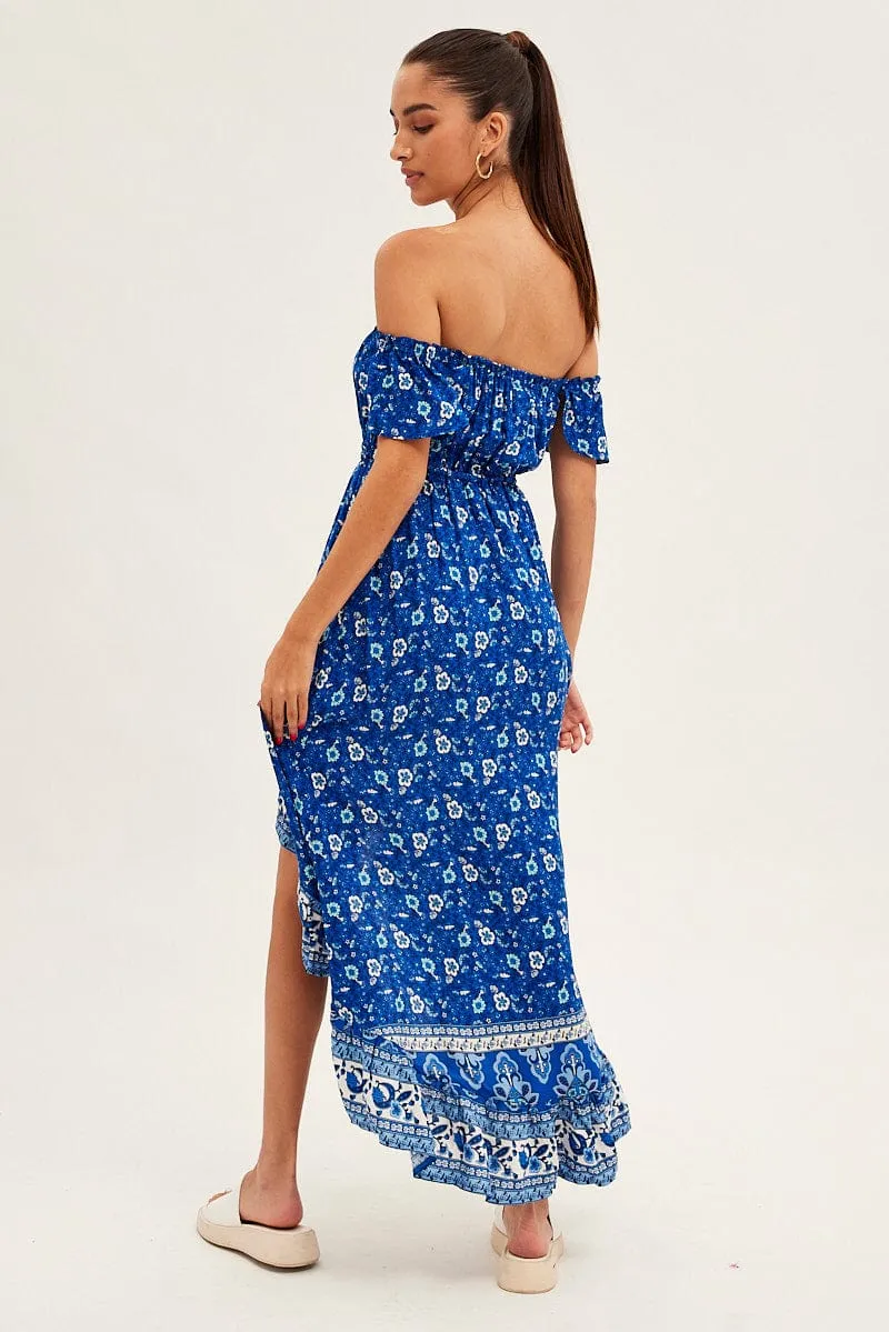 Smart Design Blue Boho Midi Dress Short Sleeve Ruffle