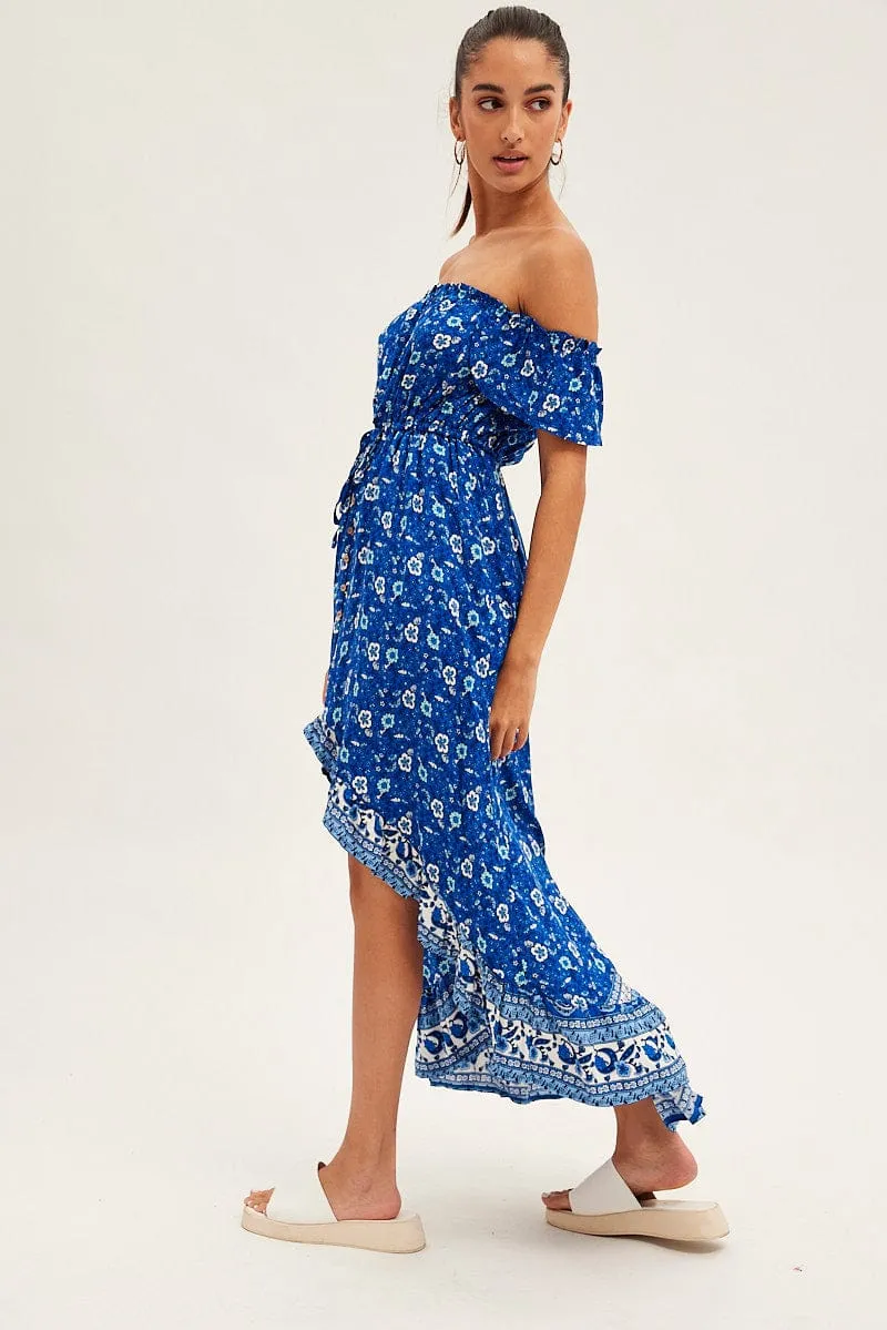 Blue Boho Midi Dress Short Sleeve Ruffle Sophisticated mid-calf gown Sun shield