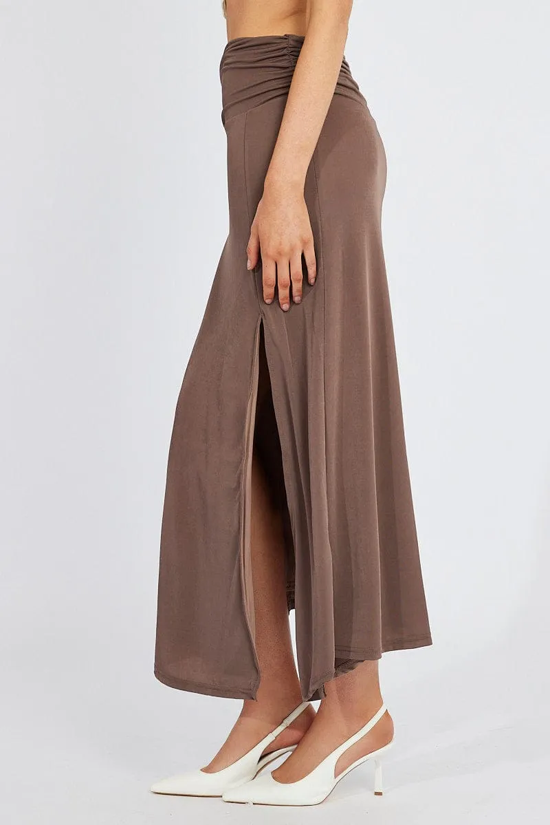 Brown Maxi Skirt Asymmetric Hem Trendy Style