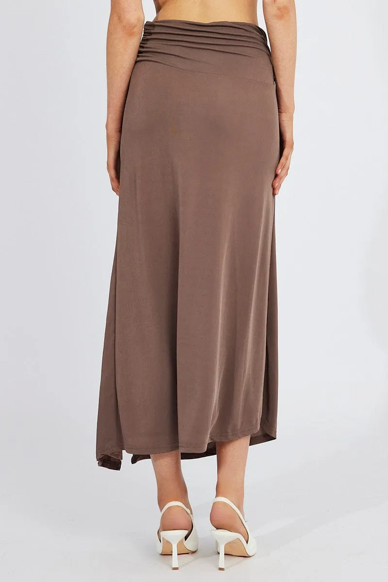 Couture Inspired Outfit Flow Brown Maxi Skirt Asymmetric Hem