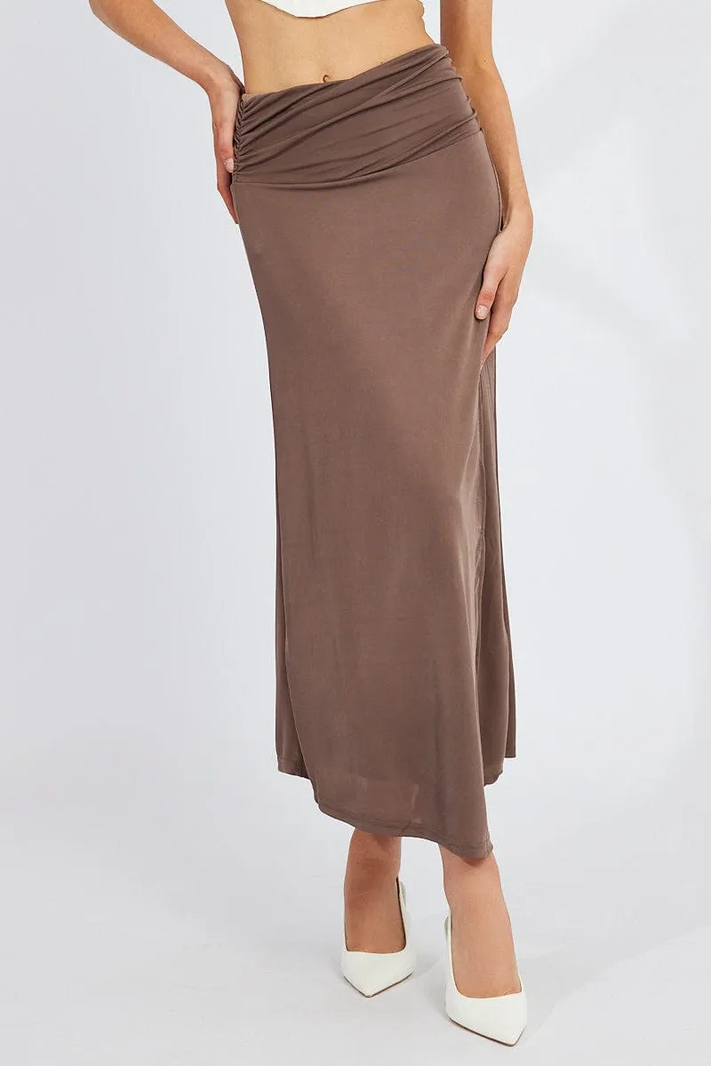 Elastic hem Brown Maxi Skirt Asymmetric Hem