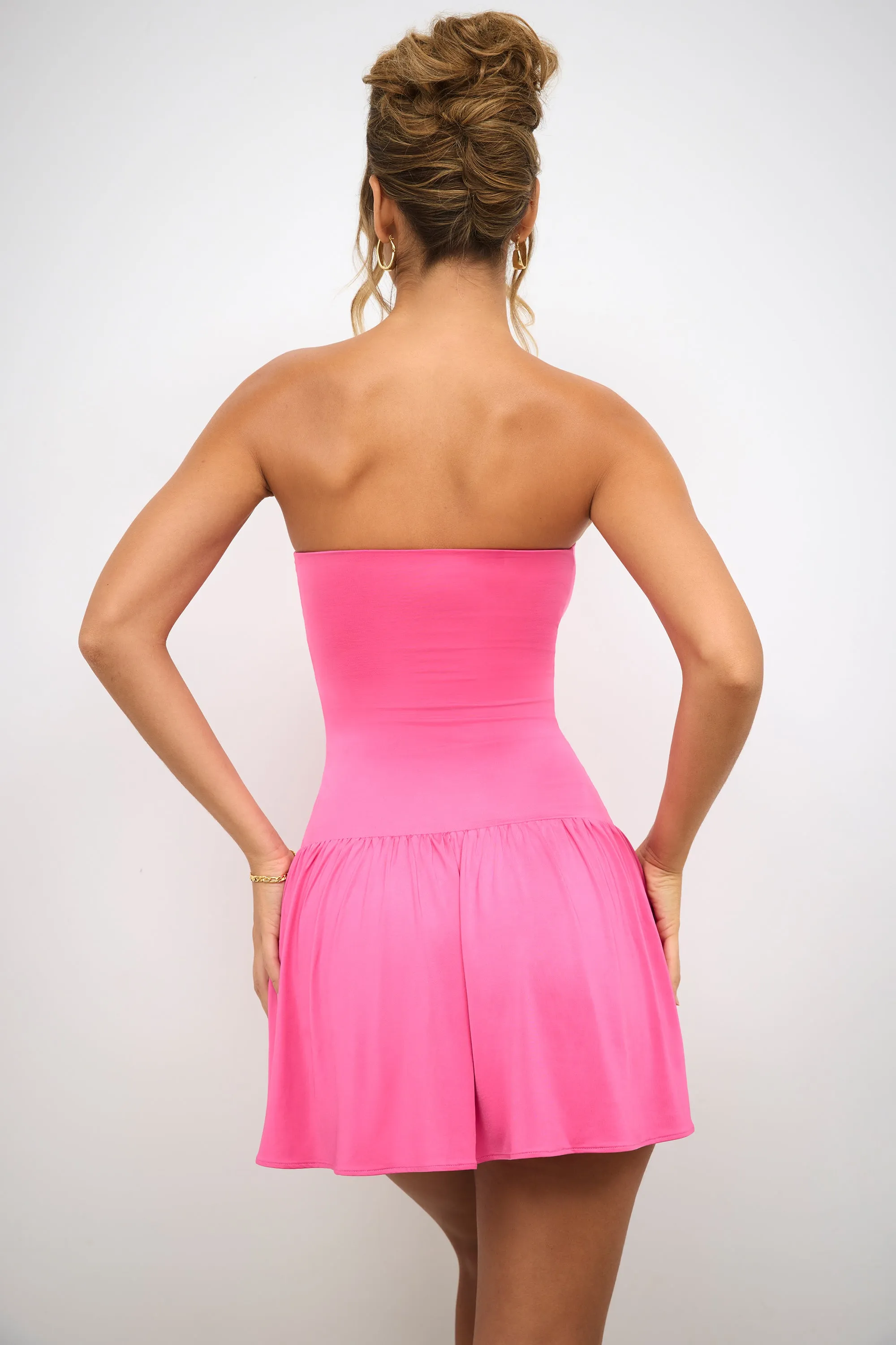 Curvy Love Slinky Jersey Strapless Plunge Neck Mini Dress in Rose Pink