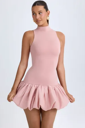 Turtleneck Drop-Waist Bubble Hem Mini Dress in Pink Mauve Floral Appeal and Versatile evening mini dress.