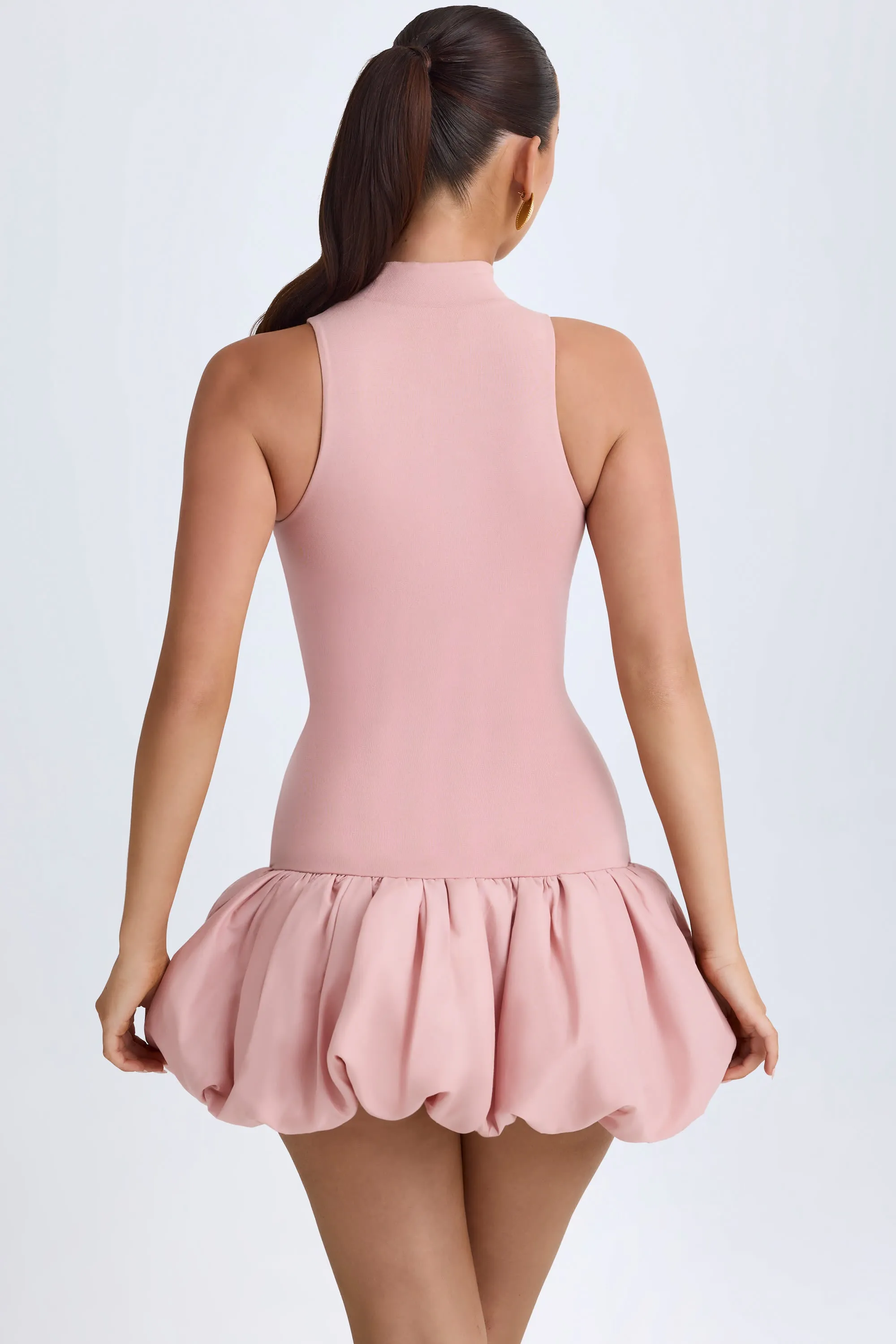 Versatile Style Turtleneck Drop-Waist Bubble Hem Mini Dress in Pink Mauve