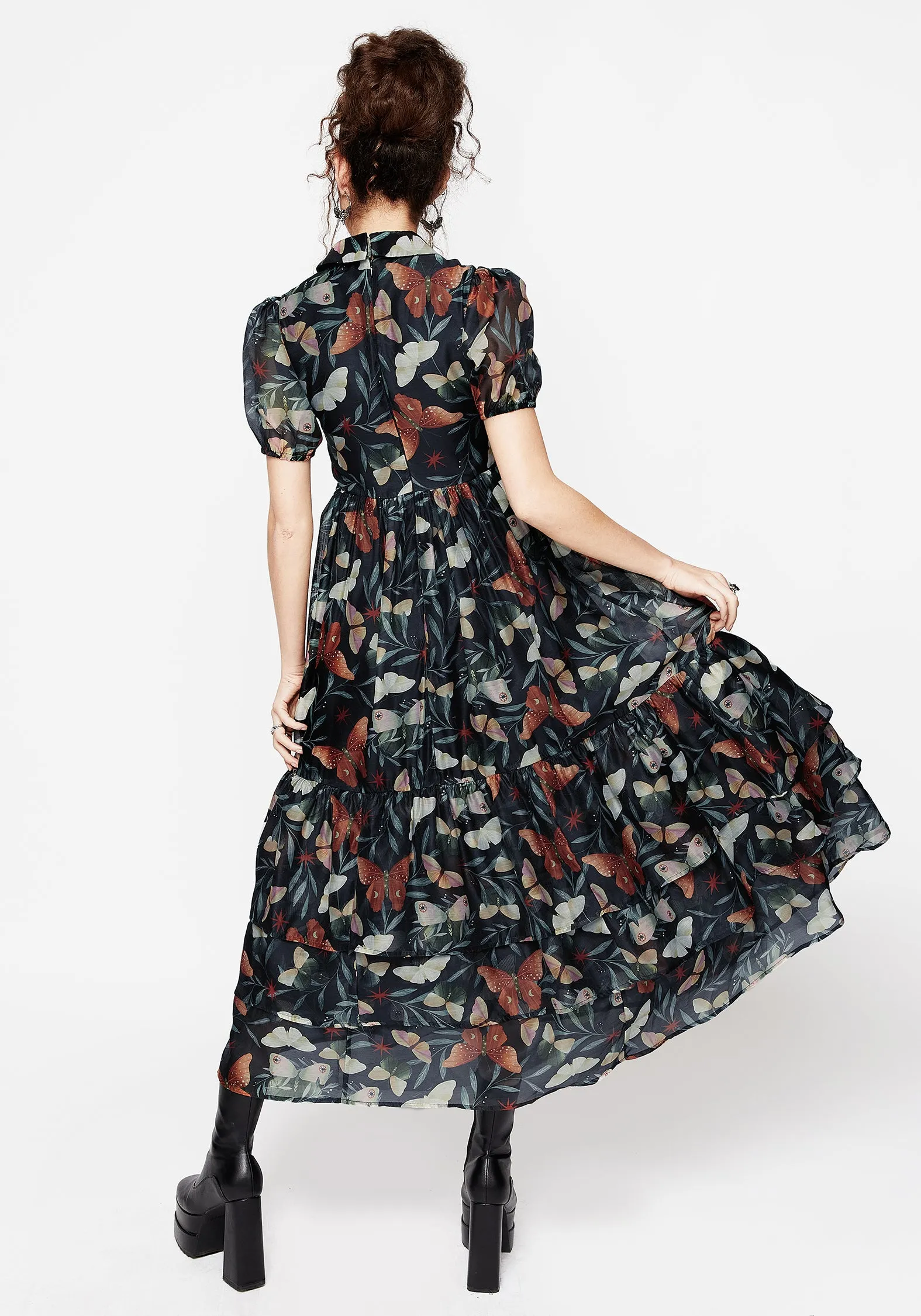 Mariposa Puff Sleeve Organza Maxi Shirt Dress Retro Charm
