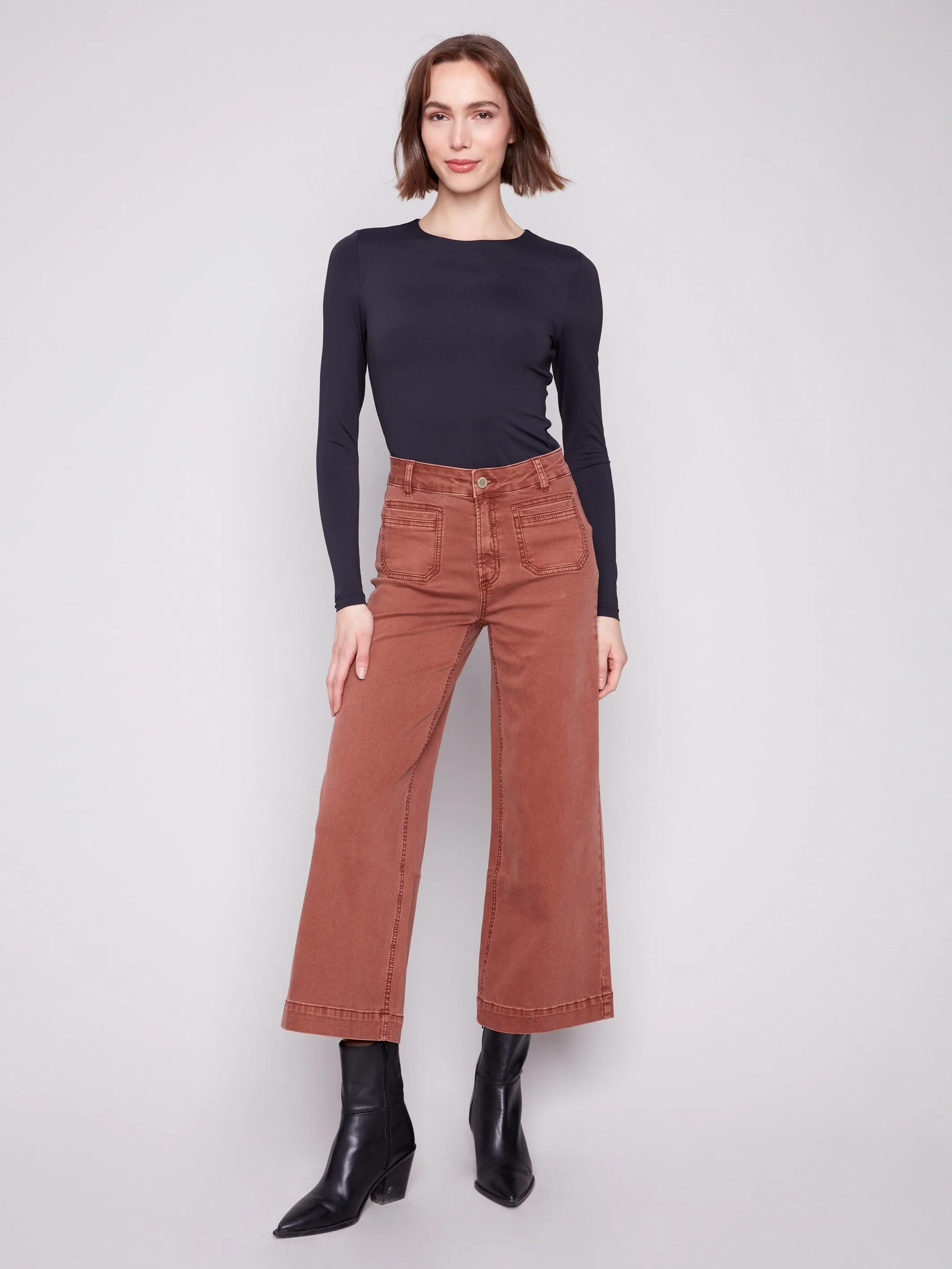 Patch Pocket Flare Twill Pants - Sepia Durable Construction