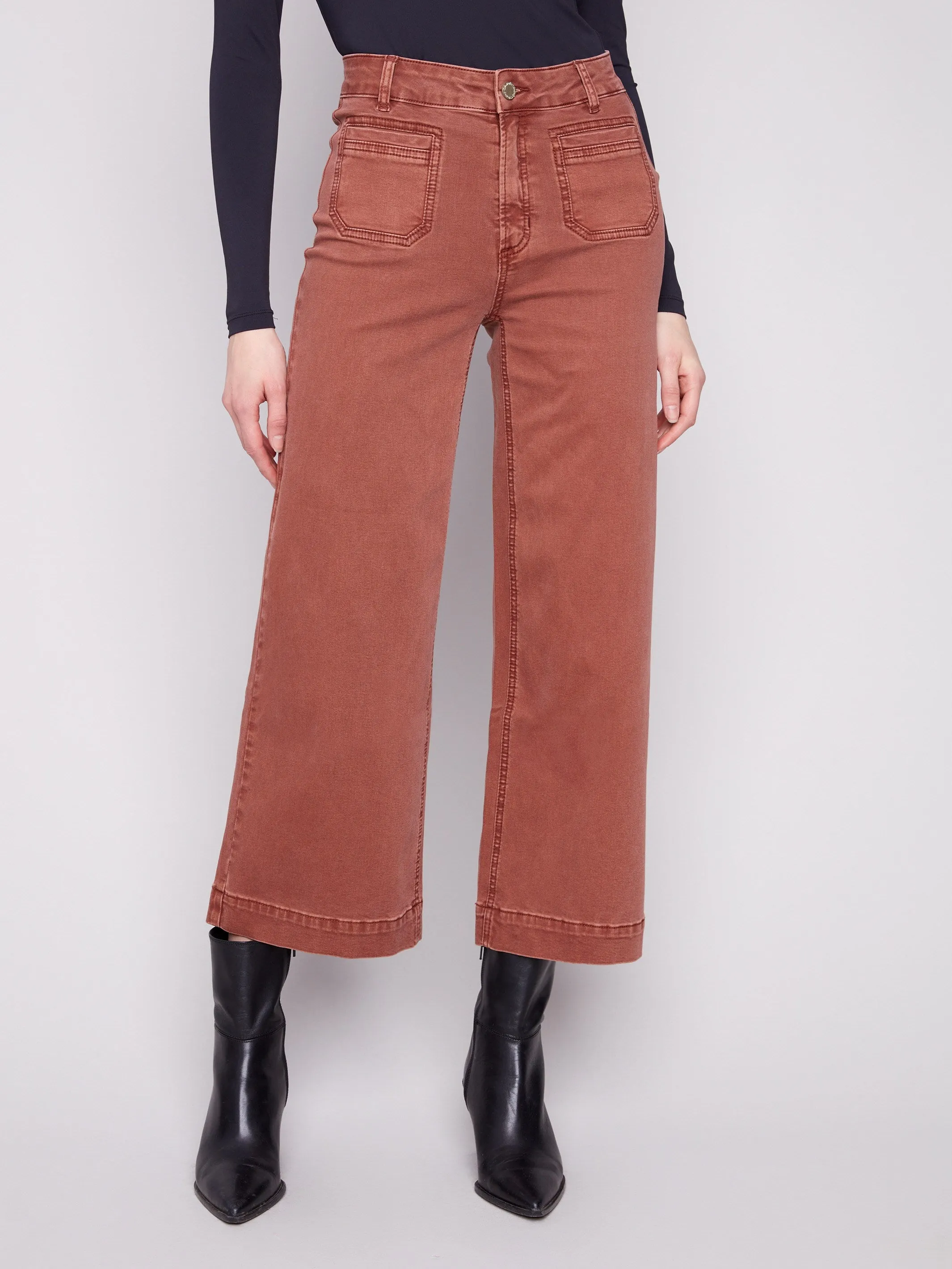 Sunny Vibes Casual Patch Pocket Flare Twill Pants - Sepia