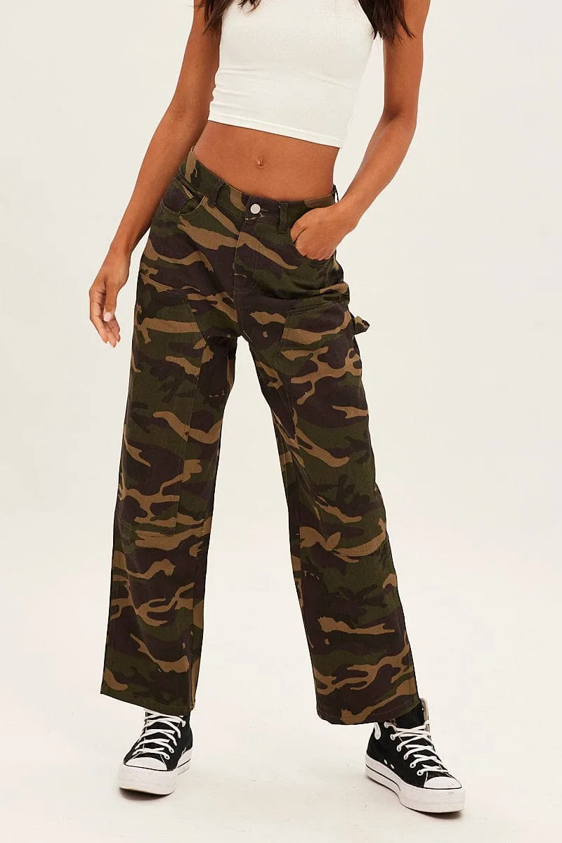 Green Camoflage Cargo Pants Relaxed Compression Support Lining