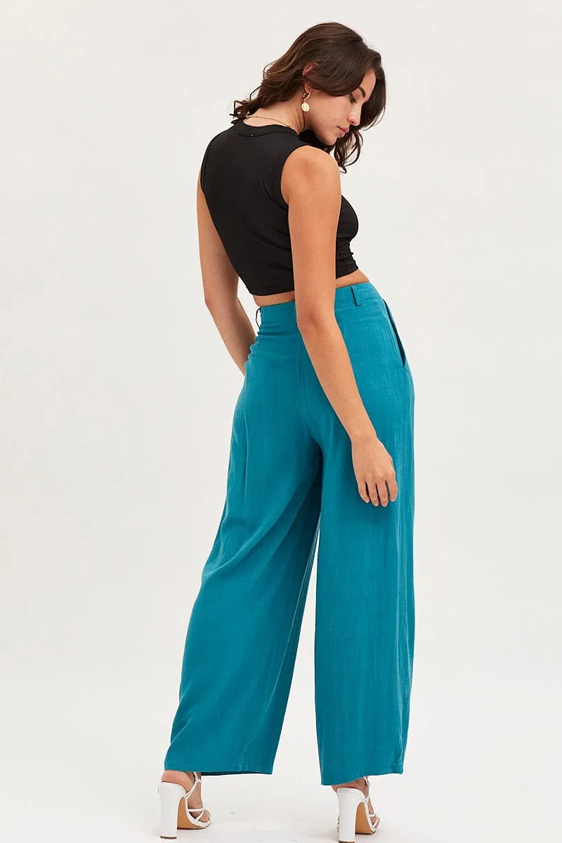 Blue Wide Leg Pants High Rise Timeless Layers Durable Construction