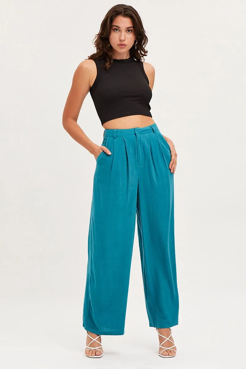 Blue Wide Leg Pants High Rise Casual Style