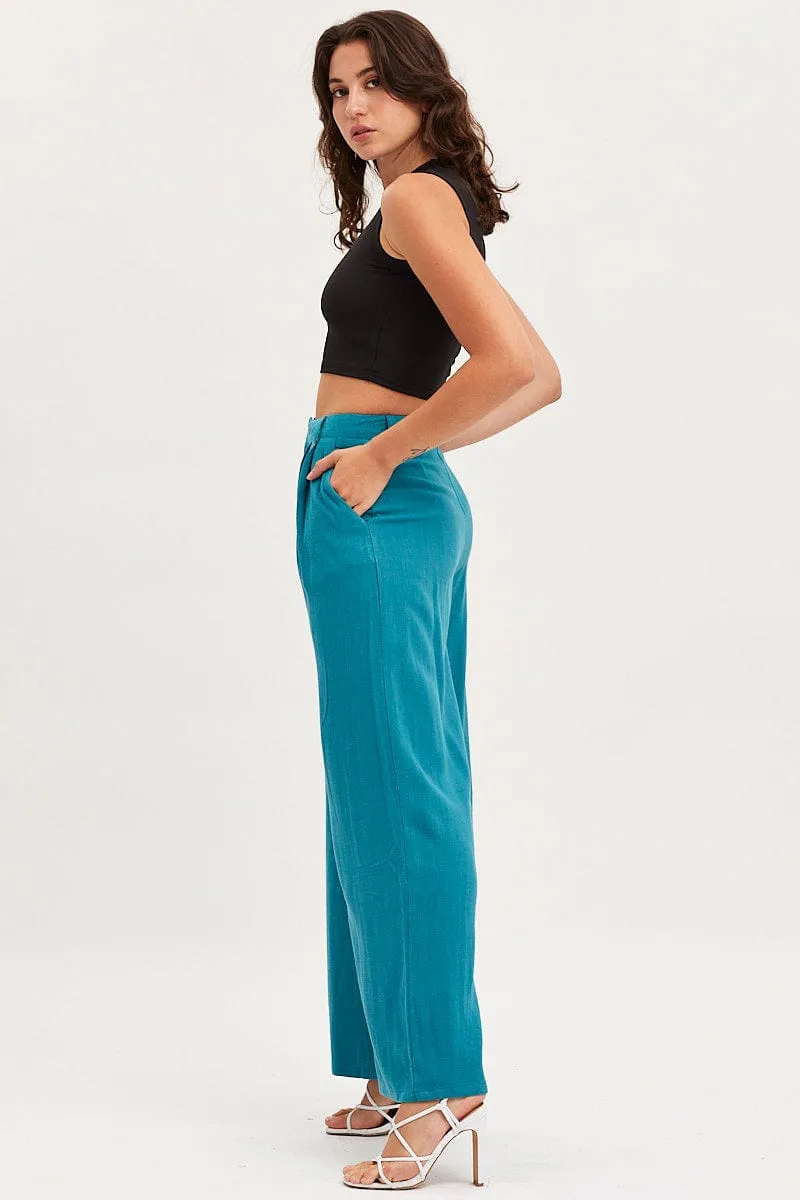 Versatile Style Blue Wide Leg Pants High Rise