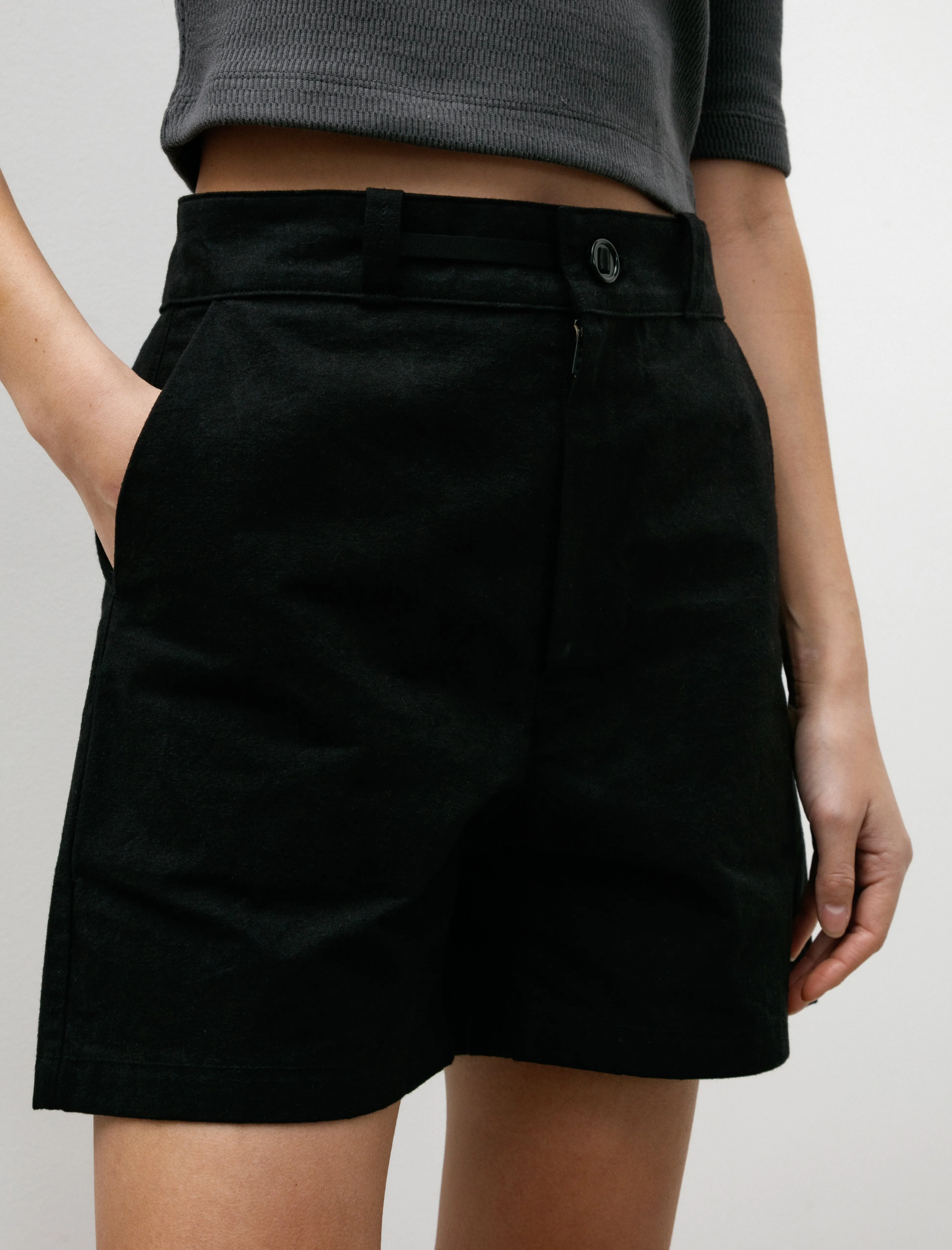 Static Free Finish W-R18 Pants-5 High Wide Shorts Black Wax