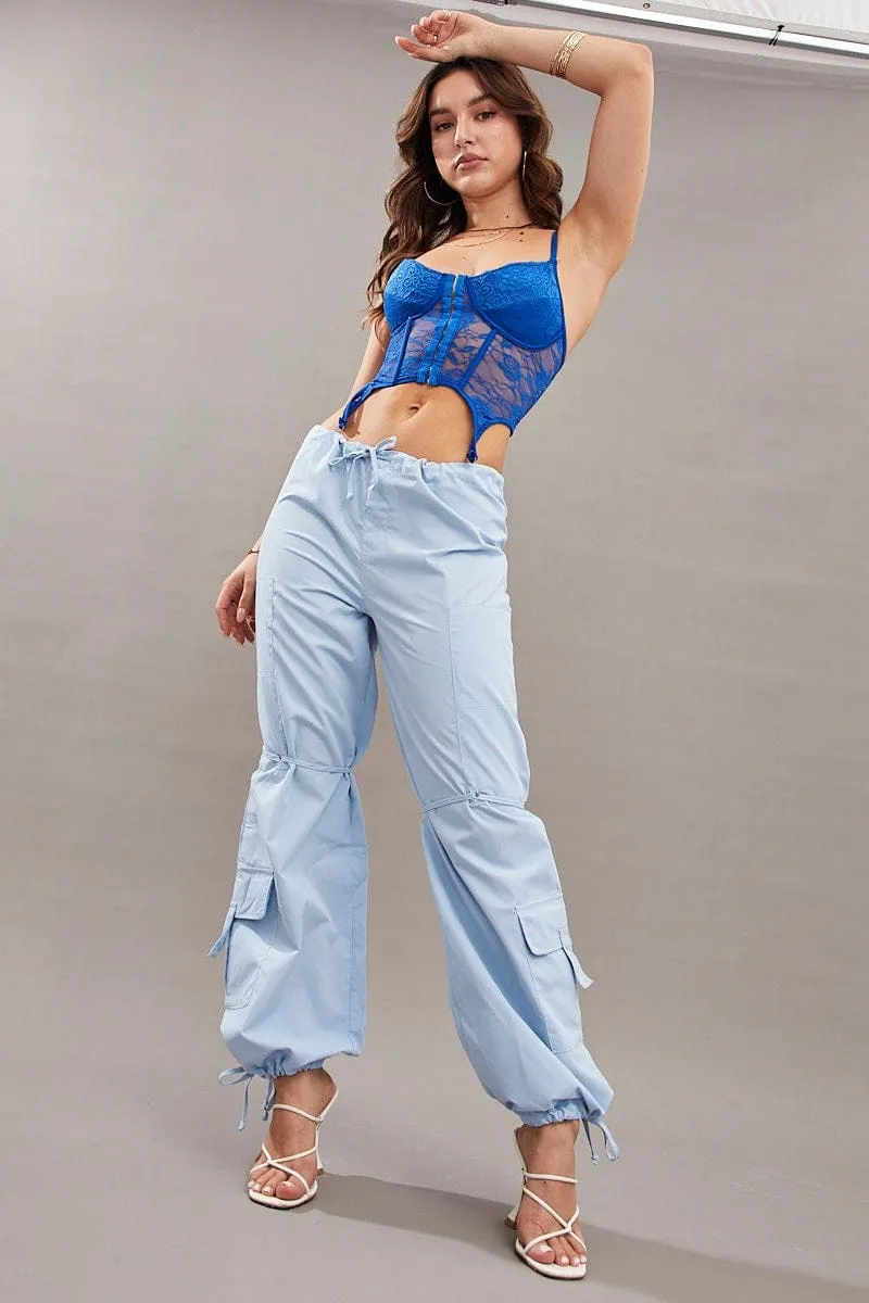 Non Restrictive Cut Blue Cargo Parachute Pants Relaxed