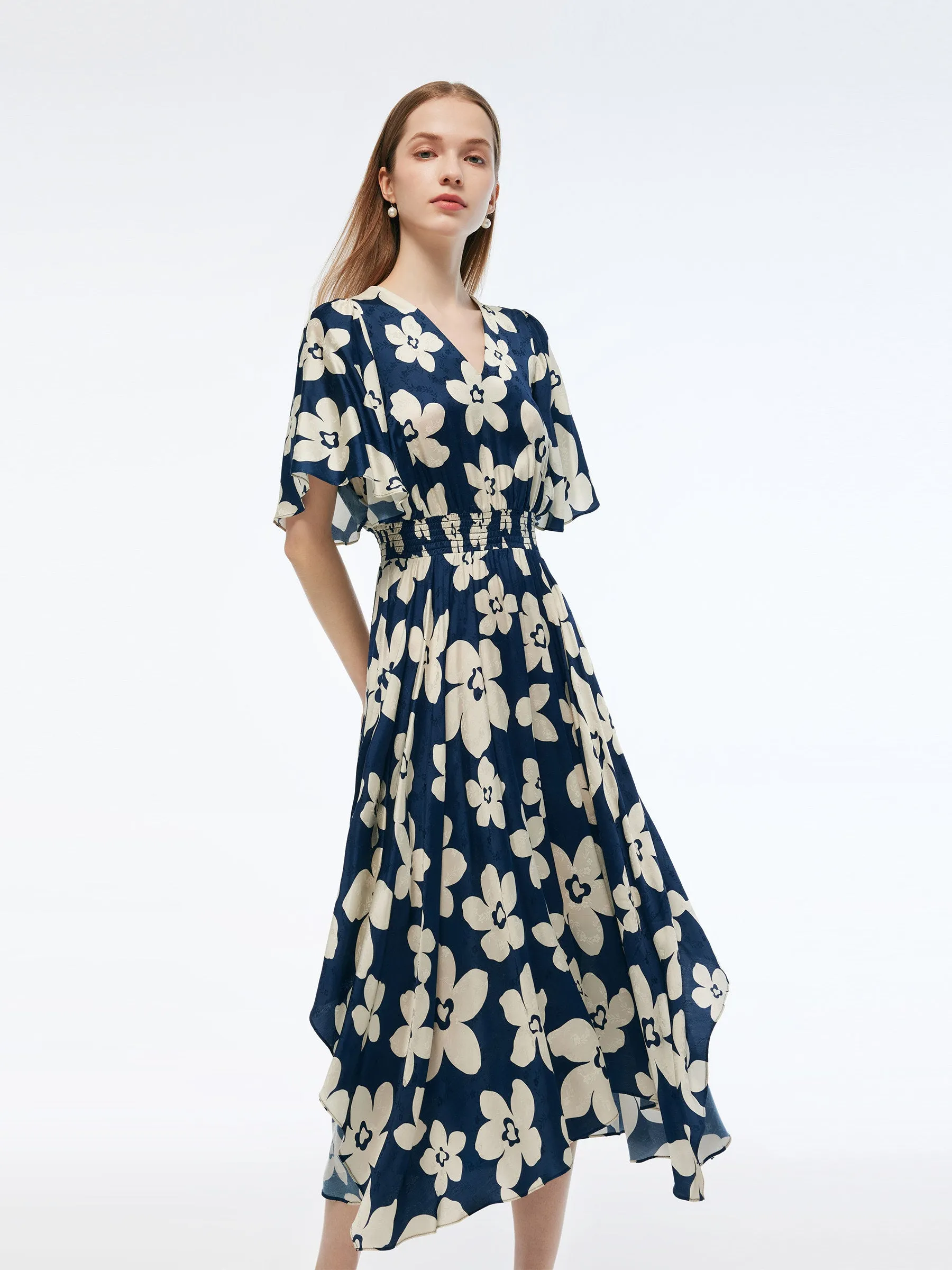 FlexSeamTechnology Digital Core Batwing Sleeve V-Neck Women Asymmetric Hem Maxi Dress