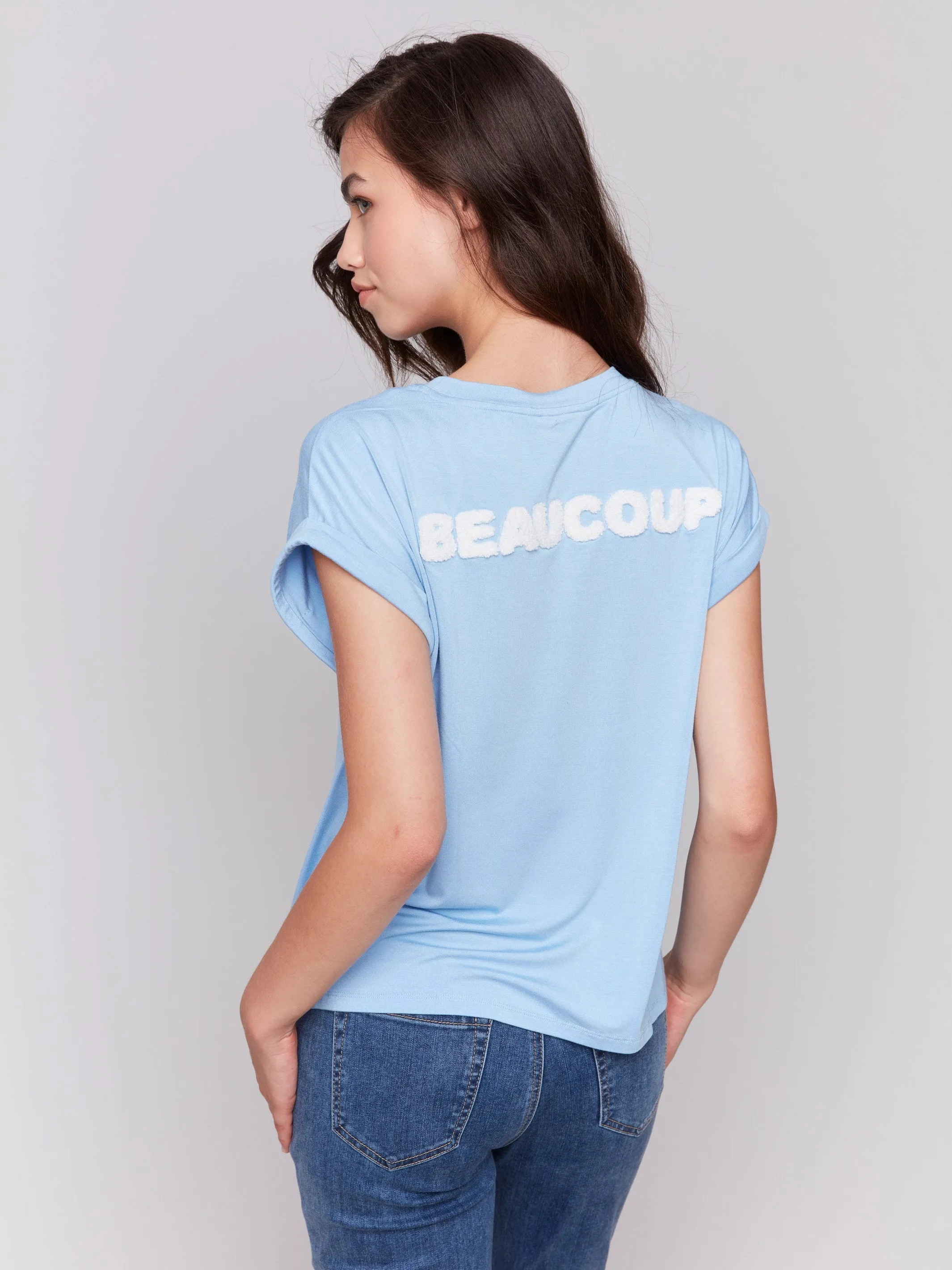 Versatile Fashion Reinforced Hemline Drop Shoulder Appliqu?? T-Shirt - Bluebell