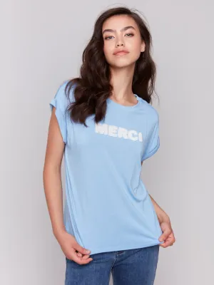 MoistureControlFibers Striped modernity Drop Shoulder Appliqu?? T-Shirt - Bluebell