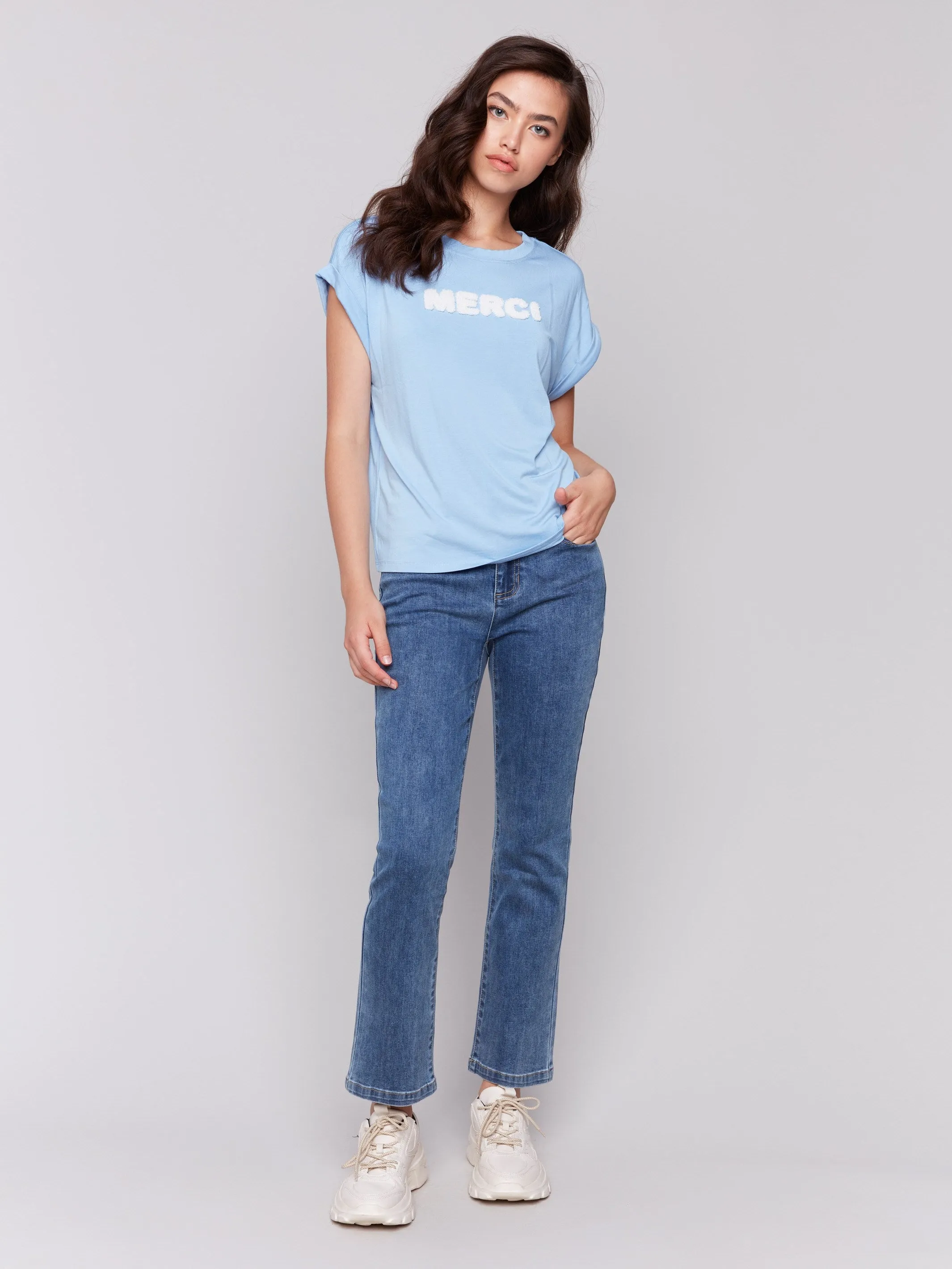 Drop Shoulder Appliqu?? T-Shirt - Bluebell High Density Cotton