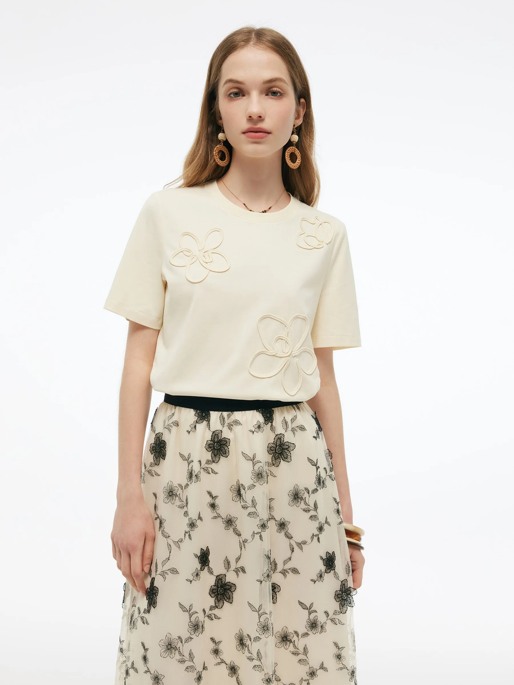 Cozy Layers Chic Style Trend Floral Embellished Women Knit T-Shirt