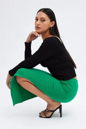 Green Maxi Skirt V Detail Side Slit A Line Cut