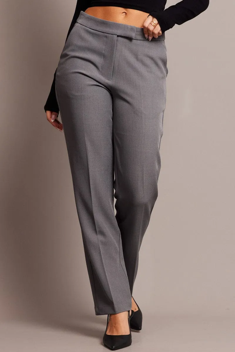 Adjustable Belt Loops Grey Slim Pants Mid Rise