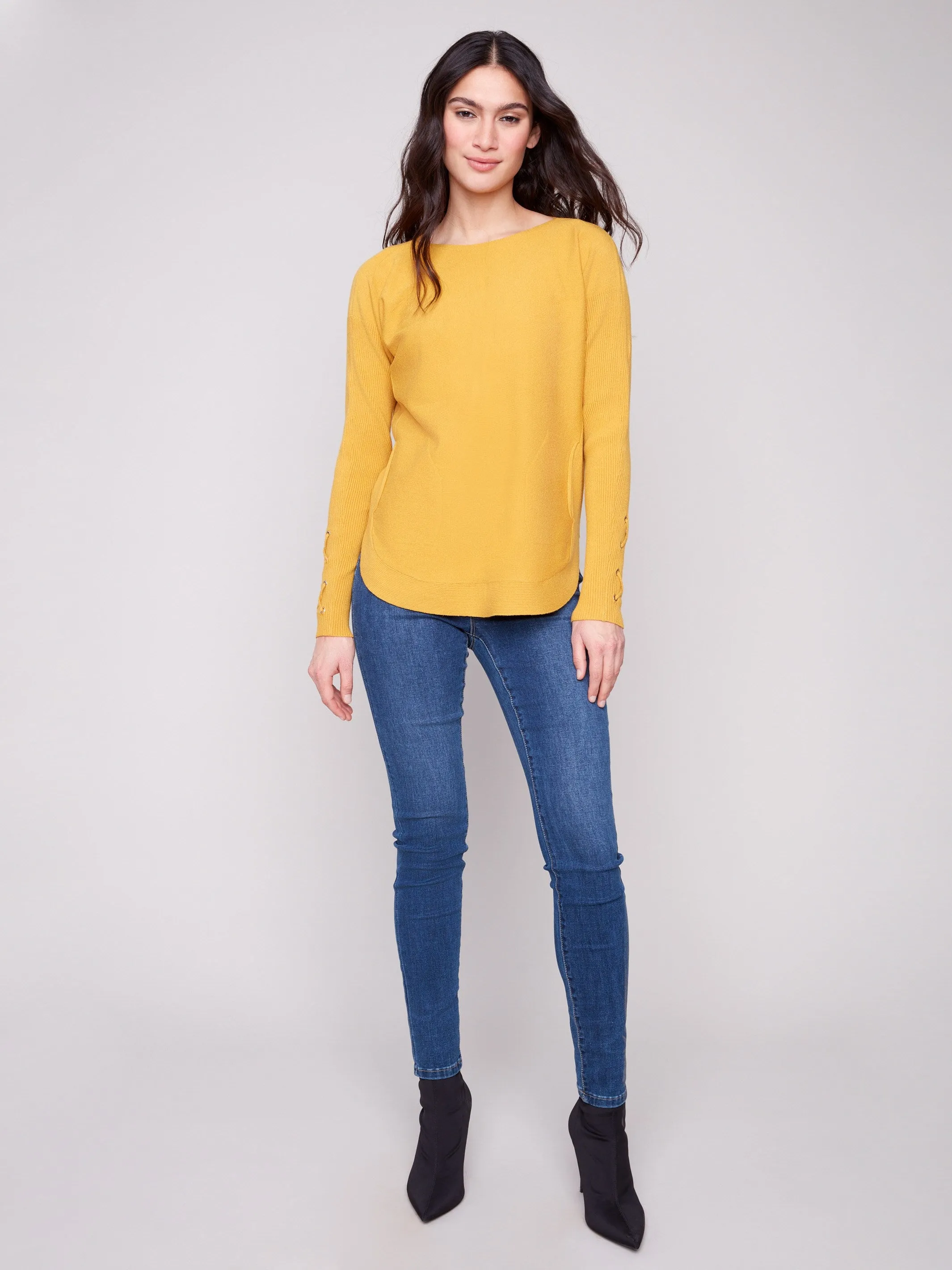 Warm Look Knit Sweater With Lace-Up Cuffs - Honey