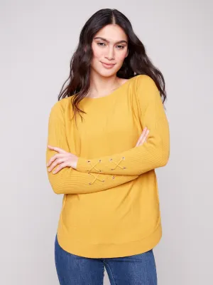 Soft Interior Sleek Wear Knit Sweater With Lace-Up Cuffs - Honey