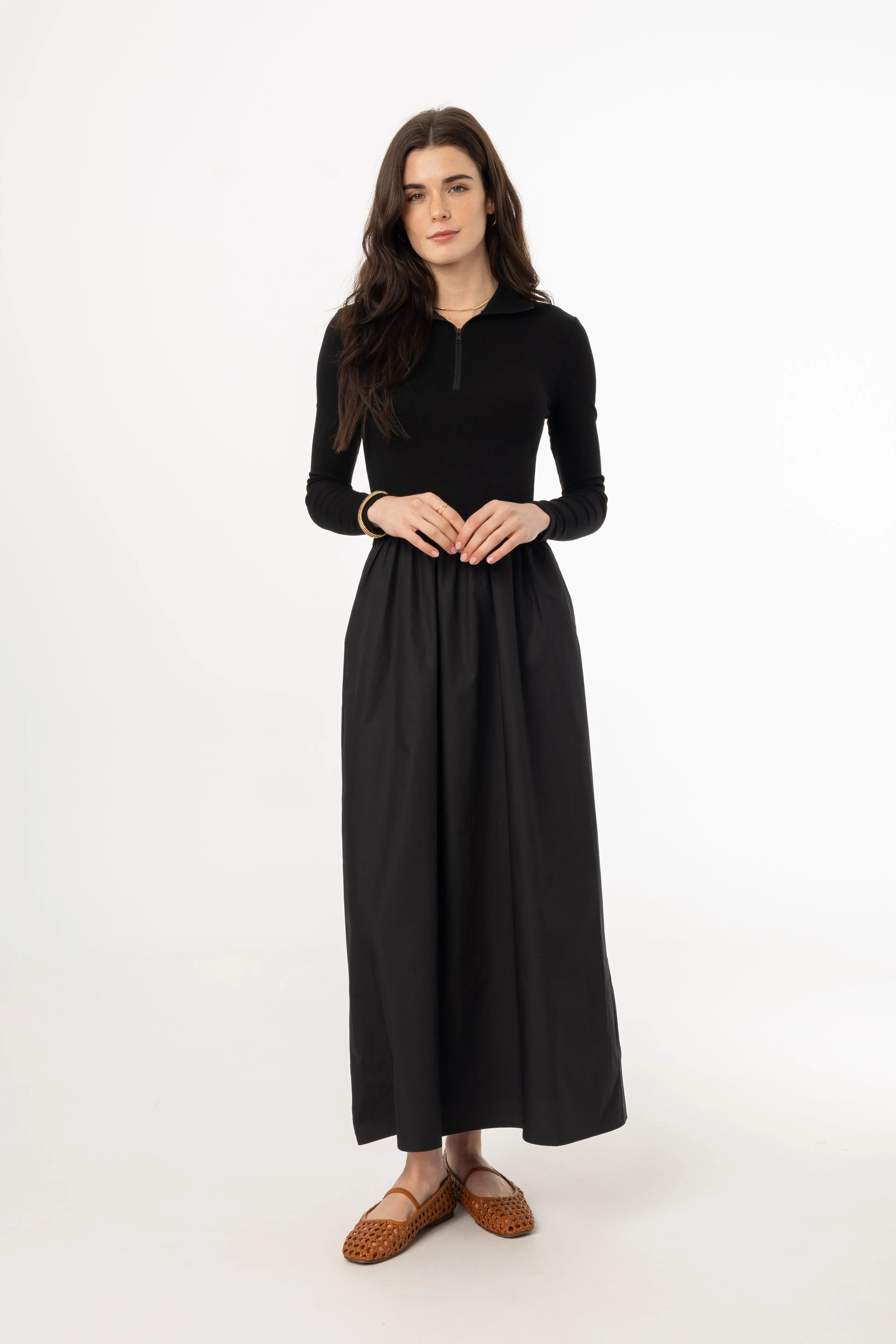 Mediterranean Air Black Quarter Zip Maxi Dress