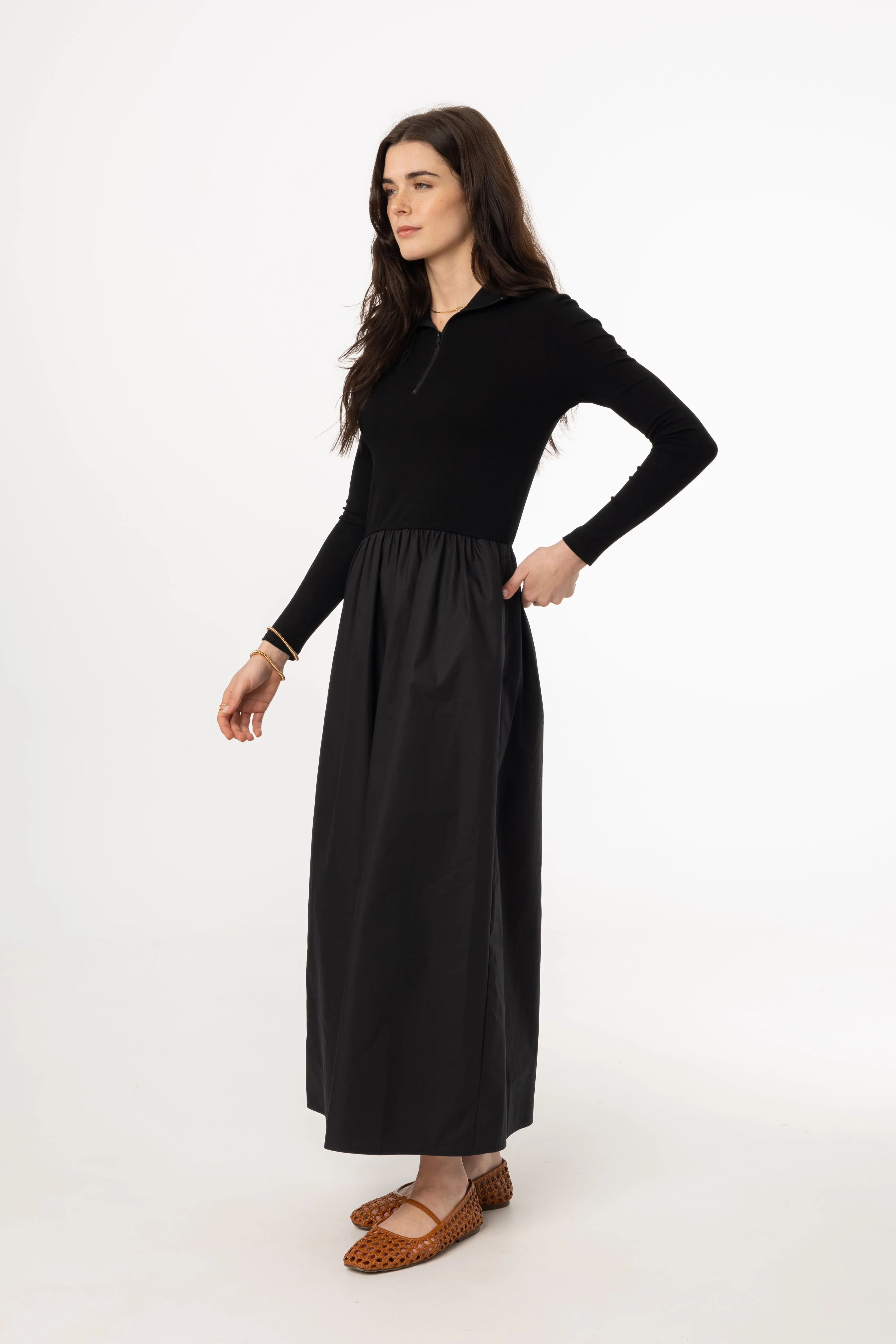 Jewel tone Black Quarter Zip Maxi Dress