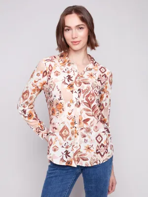 Printed Button-Up Shirt - Jacobean Minimalist Style Snow Core
