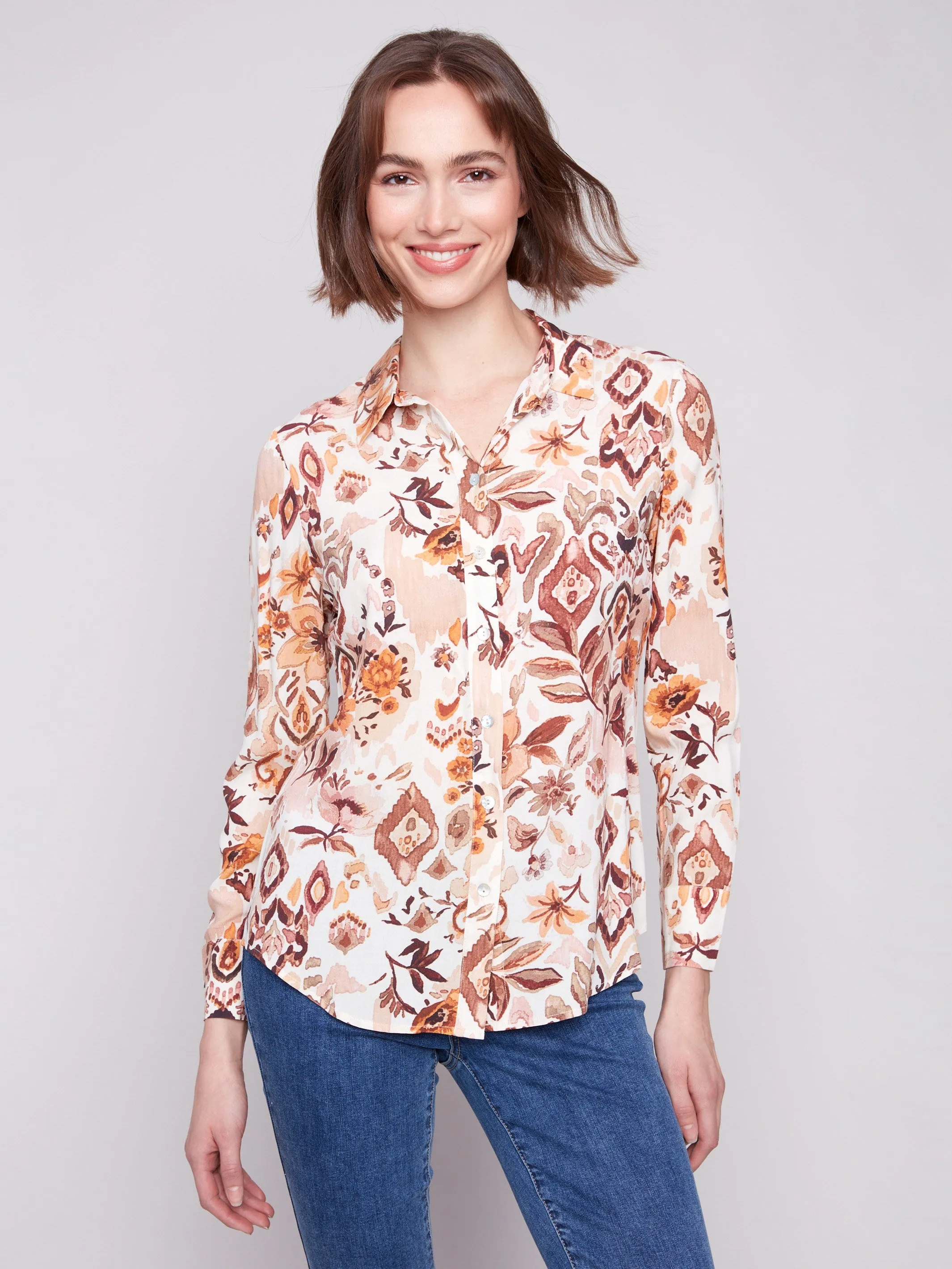 Printed Button-Up Shirt - Jacobean Breathable Stretch Fabric