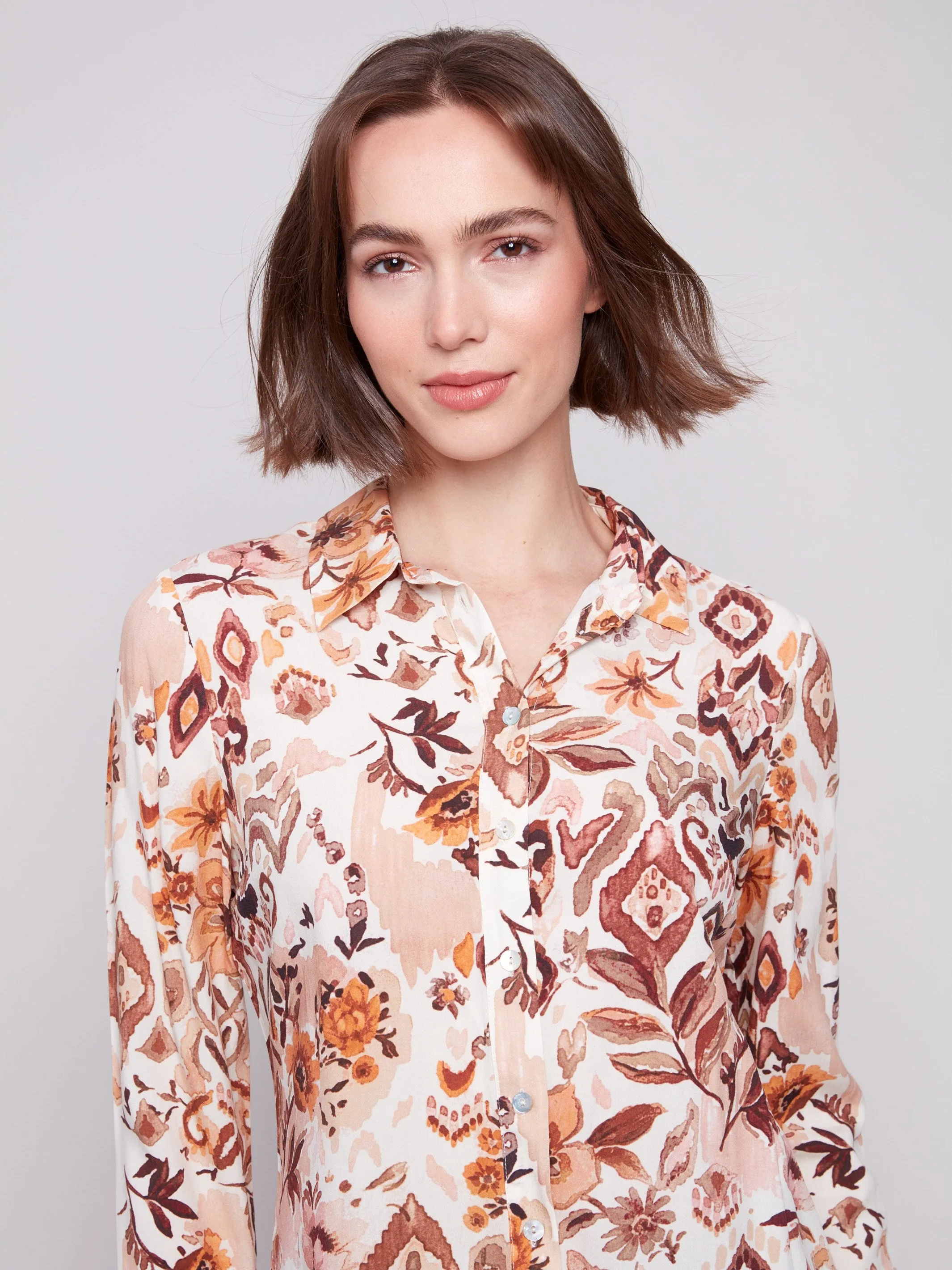 Printed Button-Up Shirt - Jacobean LayeredPanels retro look