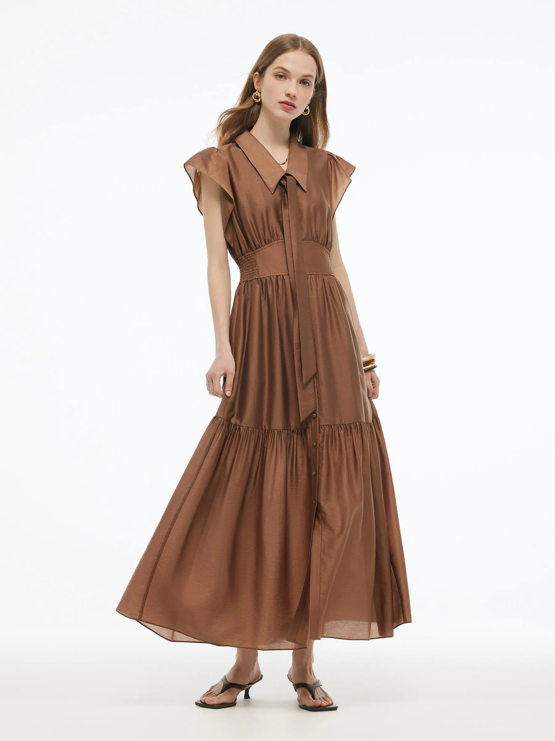 Tencel Blend Women Ruffle Cap Sleeve Maxi Dress With Sash Velvet Soul Comfortable Pants