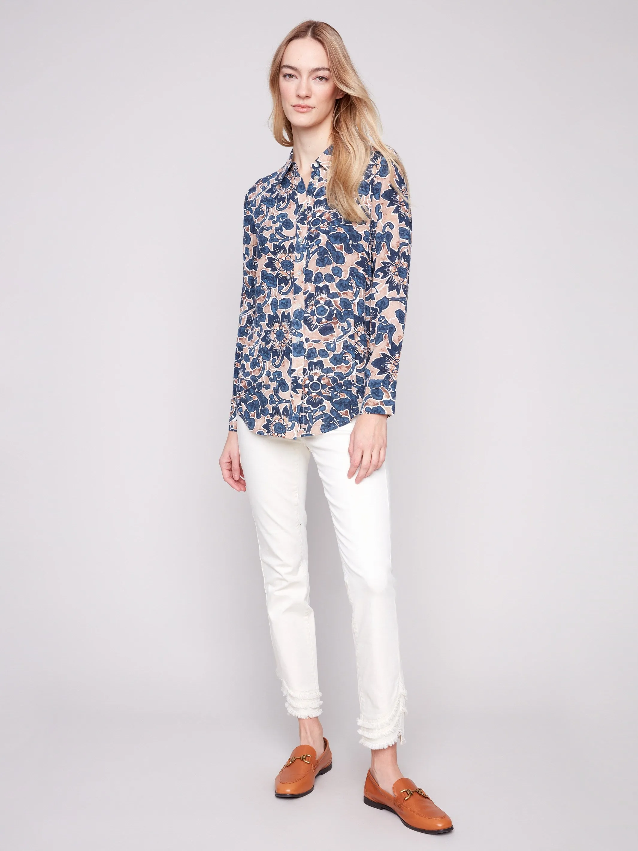 Printed Button-Up Shirt - Cavolo Power Vibe ReinforcedHem