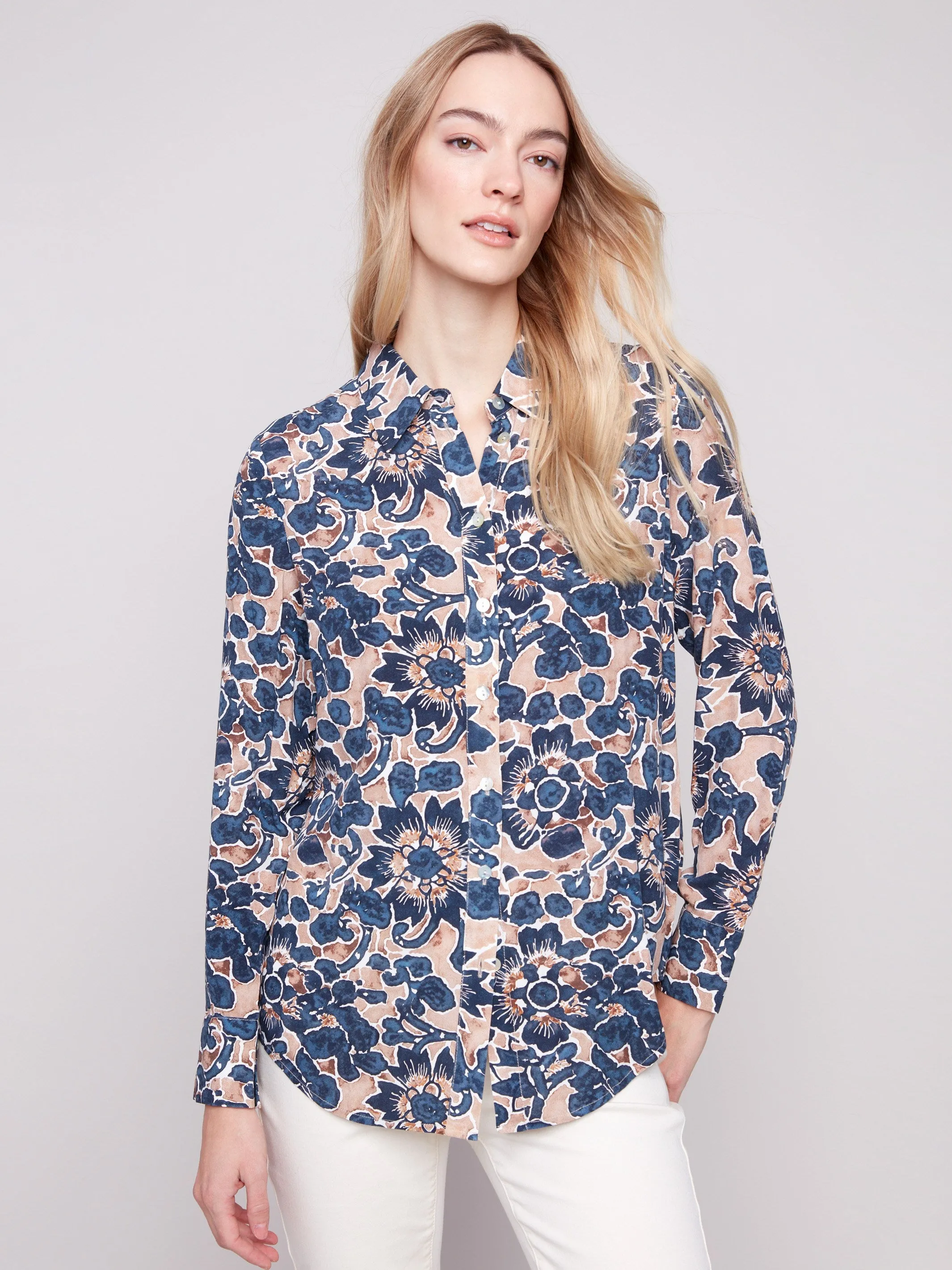 Grace Ease Printed Button-Up Shirt - Cavolo