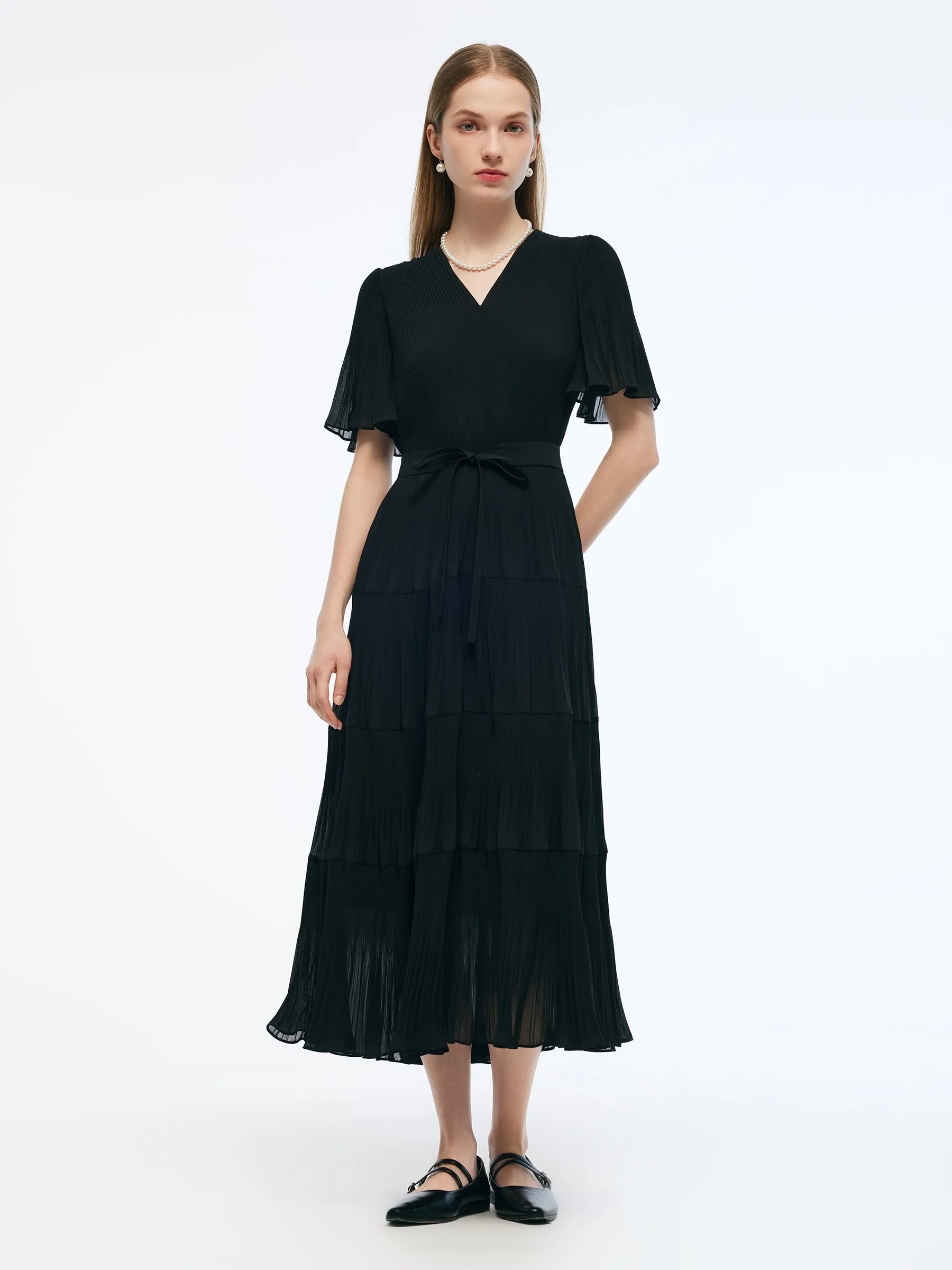 Pleated V-Neck Women A-Line Tie Belt Maxi Dress Fashion Core casual fun