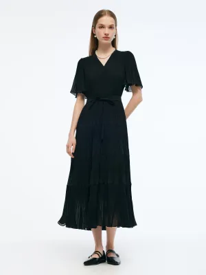 Pleated V-Neck Women A-Line Tie Belt Maxi Dress Fashion Core casual fun
