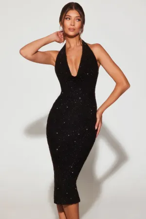 Embellished Plunge Halter Neck Midaxi Dress in Black Run Ready New Day