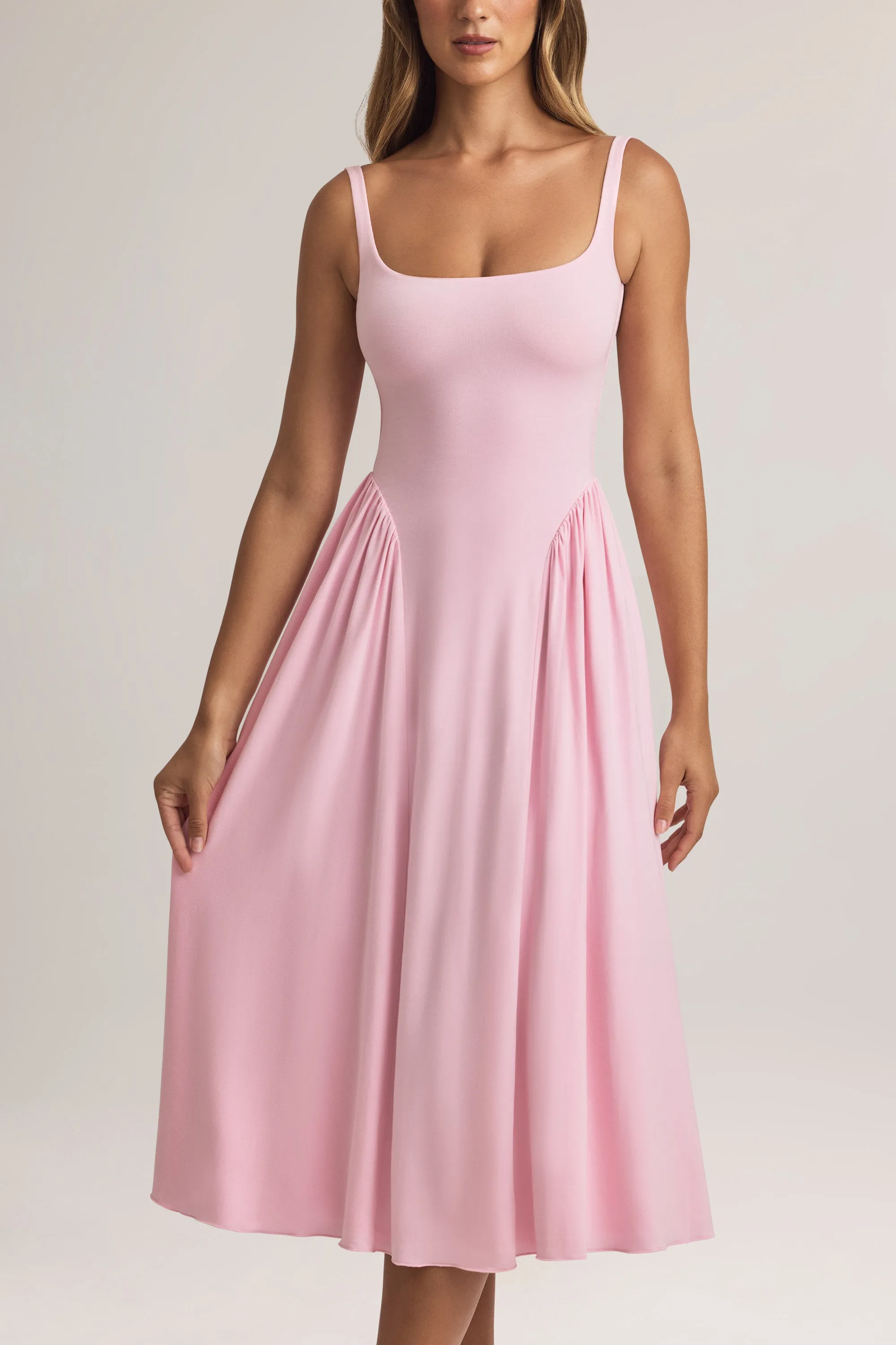 Cold Weather Sunset Scene Modal A-Line Midaxi Dress in Pastel Pink