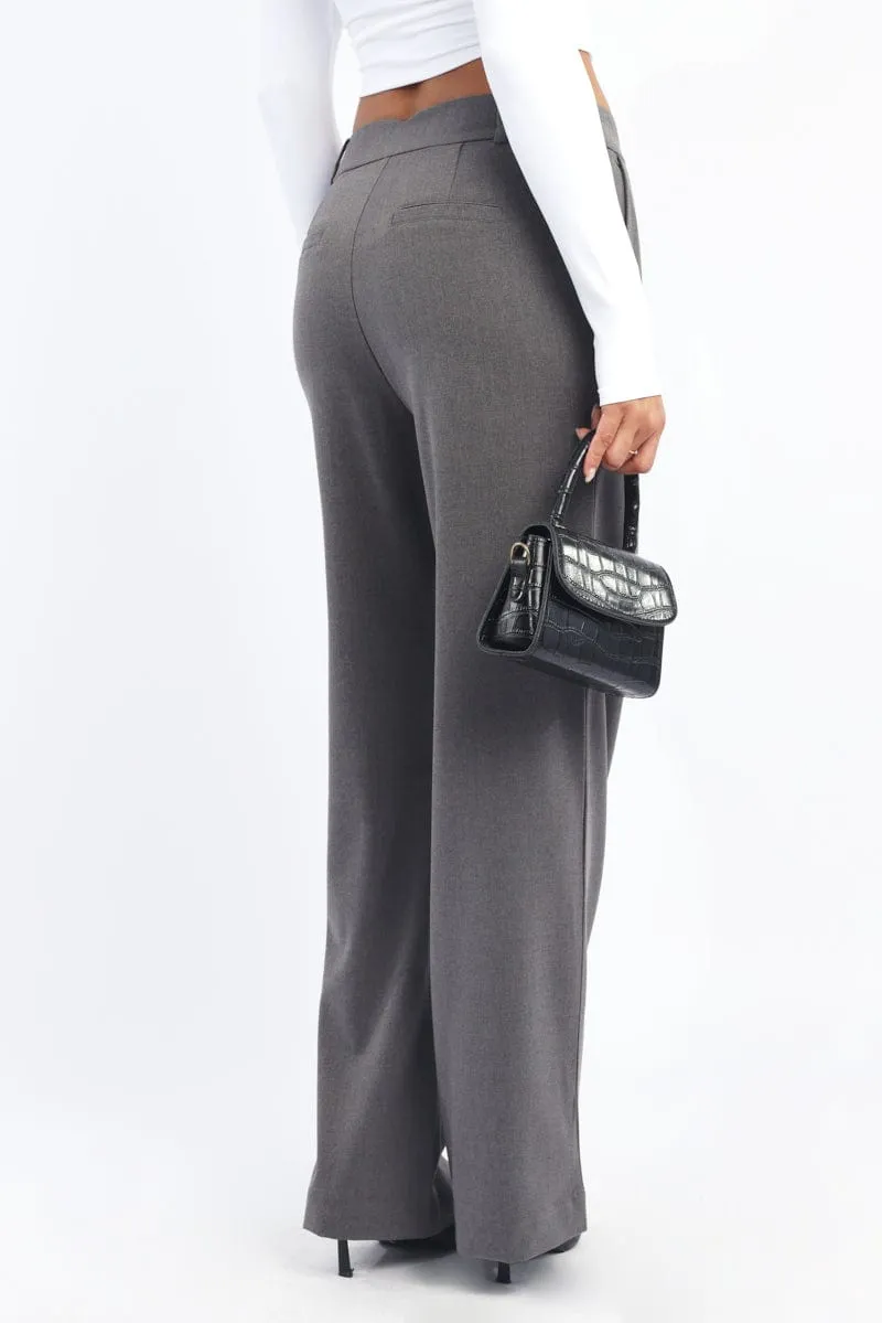 Classic Cut All Day Wear Grey Wide Leg Pants Mid Rise