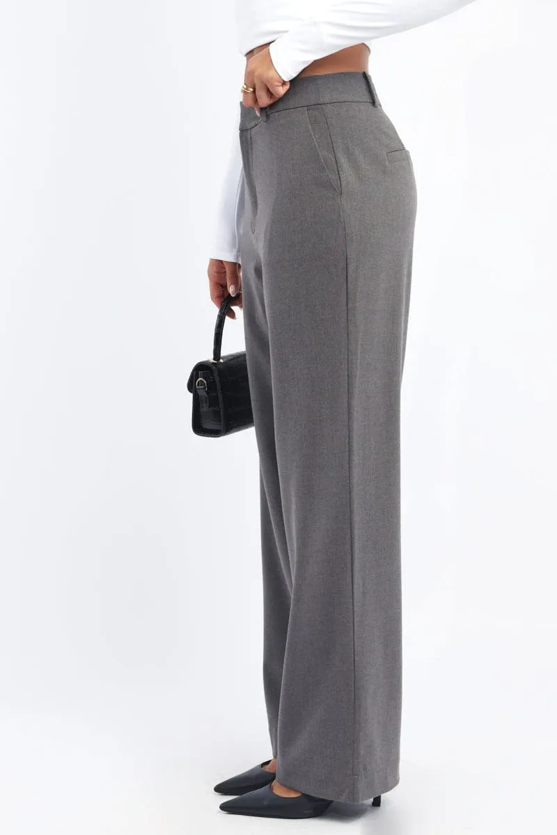 Grey Wide Leg Pants Mid Rise Polyester fabric Anti Odor Treatment