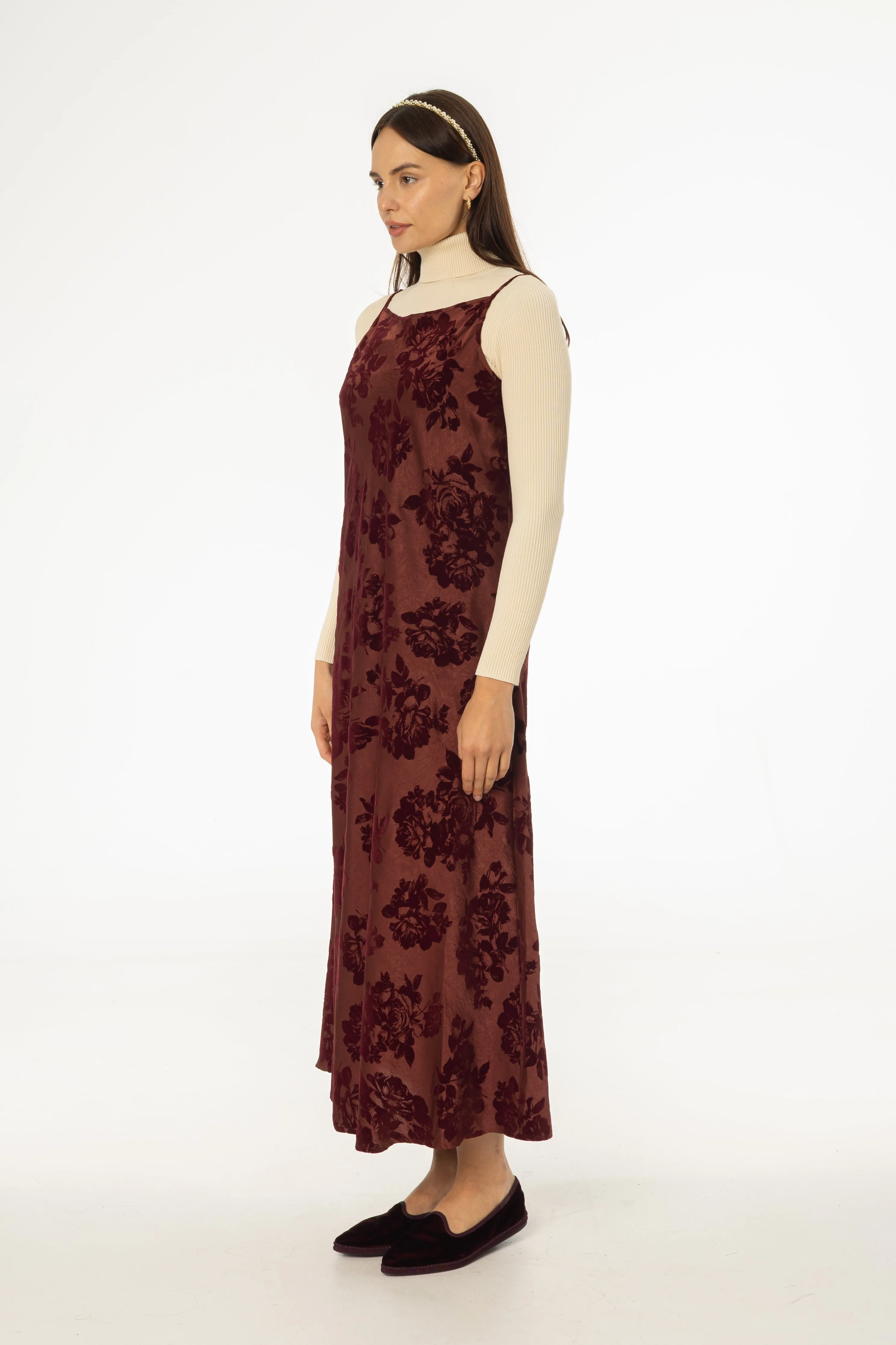 FlexibleWaistband Metal Core Burgundy Flower Print Velvet Slip Jumper