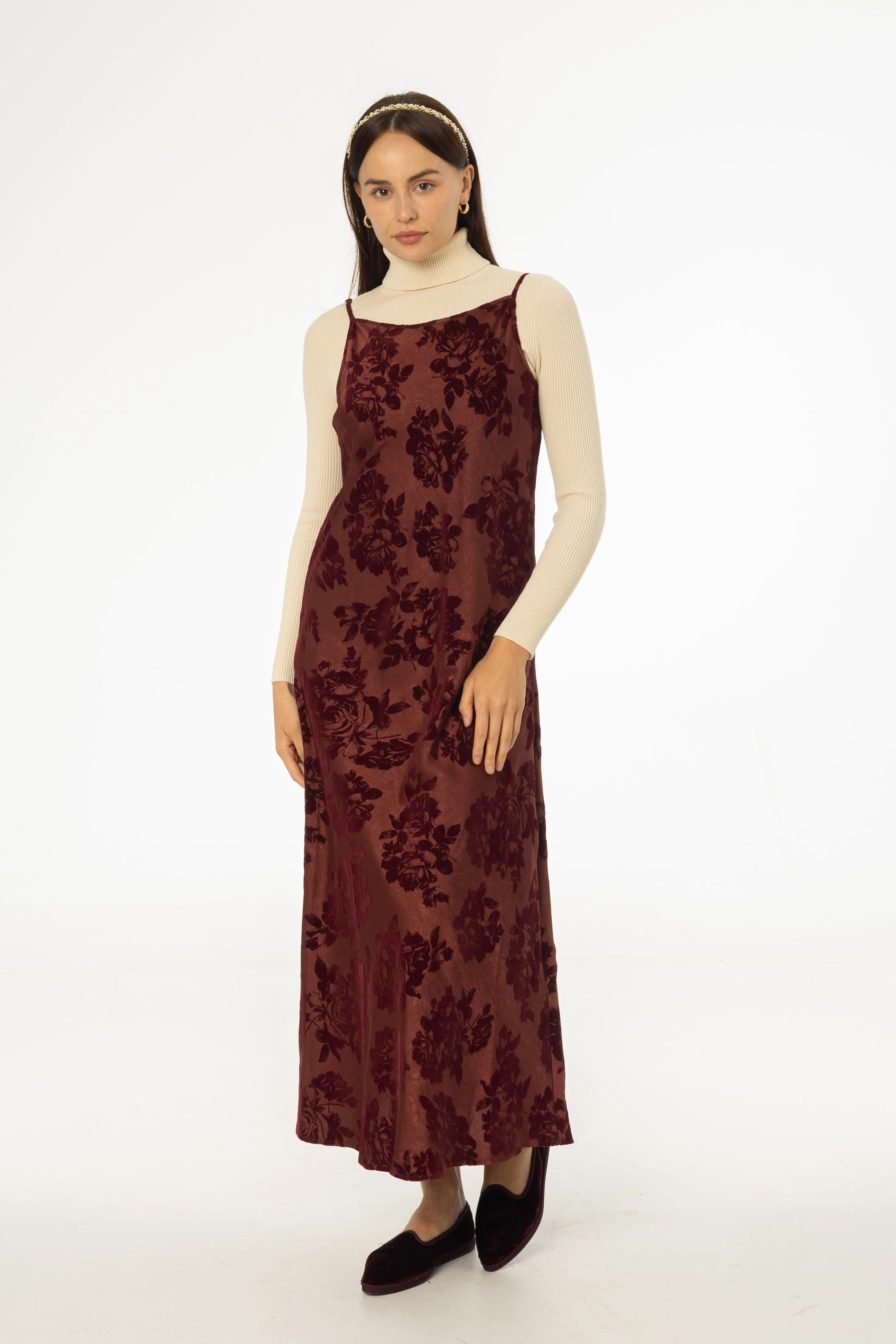 Burgundy Flower Print Velvet Slip Jumper OrganicCotton Everyday Fashion