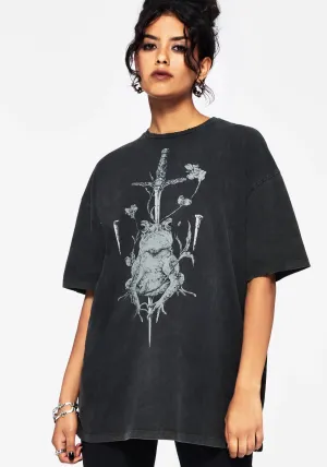 Anura Oversized Acid Wash Frog Graphic Print T-shirt sports activity Basic Wear